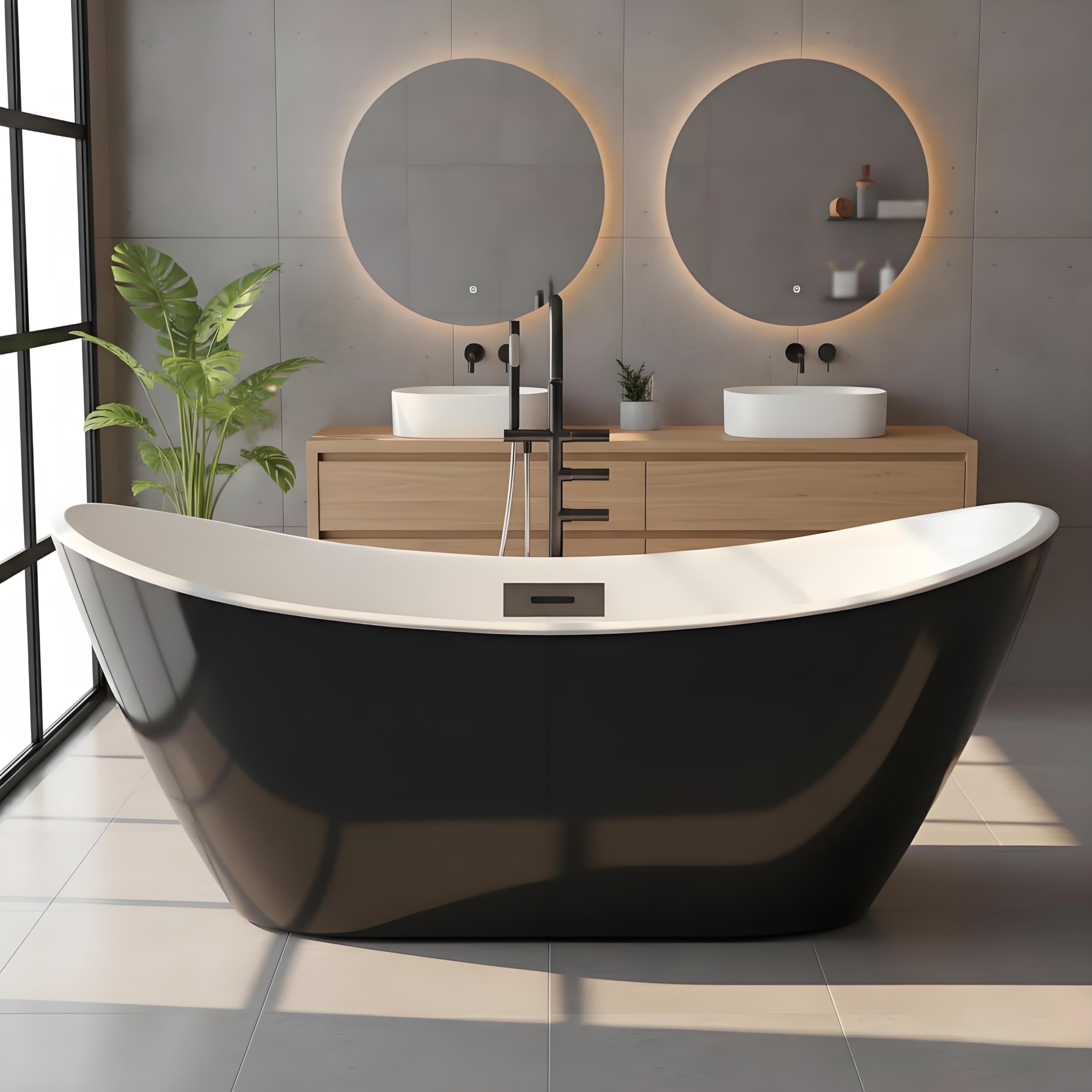 GarveeLife Freestanding Bathtubs 59 inch Black and White Acrylic Free Standing Soaking Tub, Modern Freestanding Tub with Integrated Overflow, Ideal for Family Bathrooms
