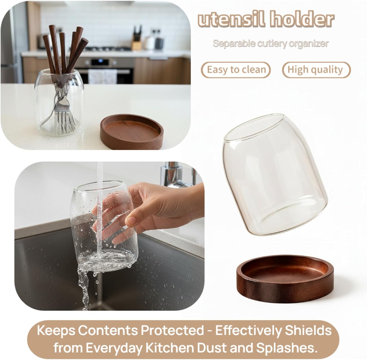 Glass Utensil Holder With Wooden Base- 2.36 Inch Wide Mouth Design,Multifunctional Kitchen Utensil Organ for Spoon, Baking Tools, Dual Color Options (Clear/Amber) (Amber, Medium)