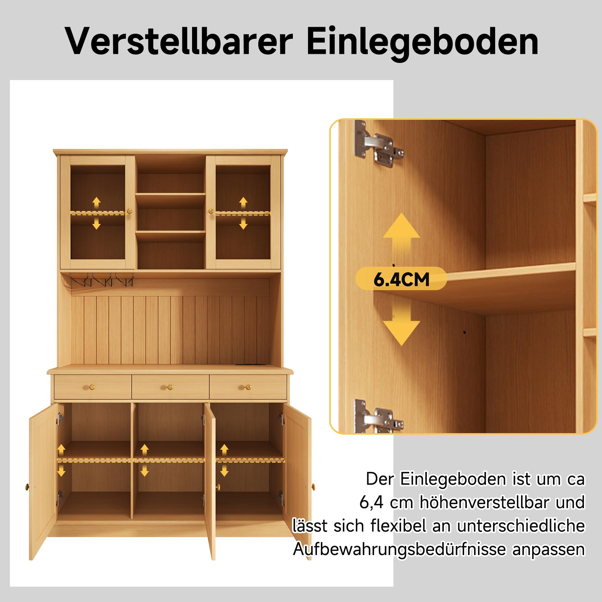 Küchenschrank mit USB-C- und USB-A-Anschlüssen, Buffetschrank mit Steckdose Sowie, Hochschrank mit Mehrstufigem Stauraum, Vitrinenschrank Küche, Esszimmerschrank, Vitrine, Schrank Küche