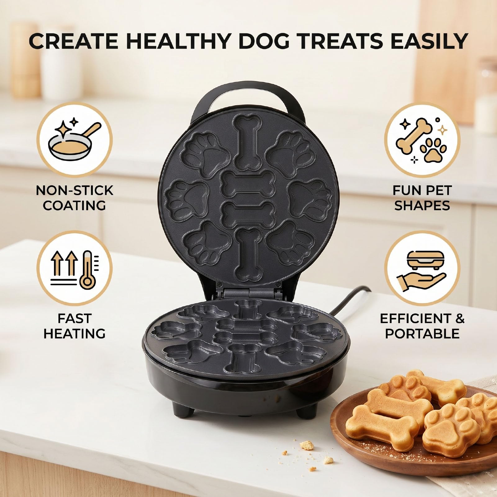 AMONIDA Macchina per Waffle Elettrica da 900W per Proprietari di Animali Che Preparano Premi Casalinghi Cani Cuoce 10 Spuntini con Forme Divertite Veloce Rivestimento Antiaderente (Spina europea 220