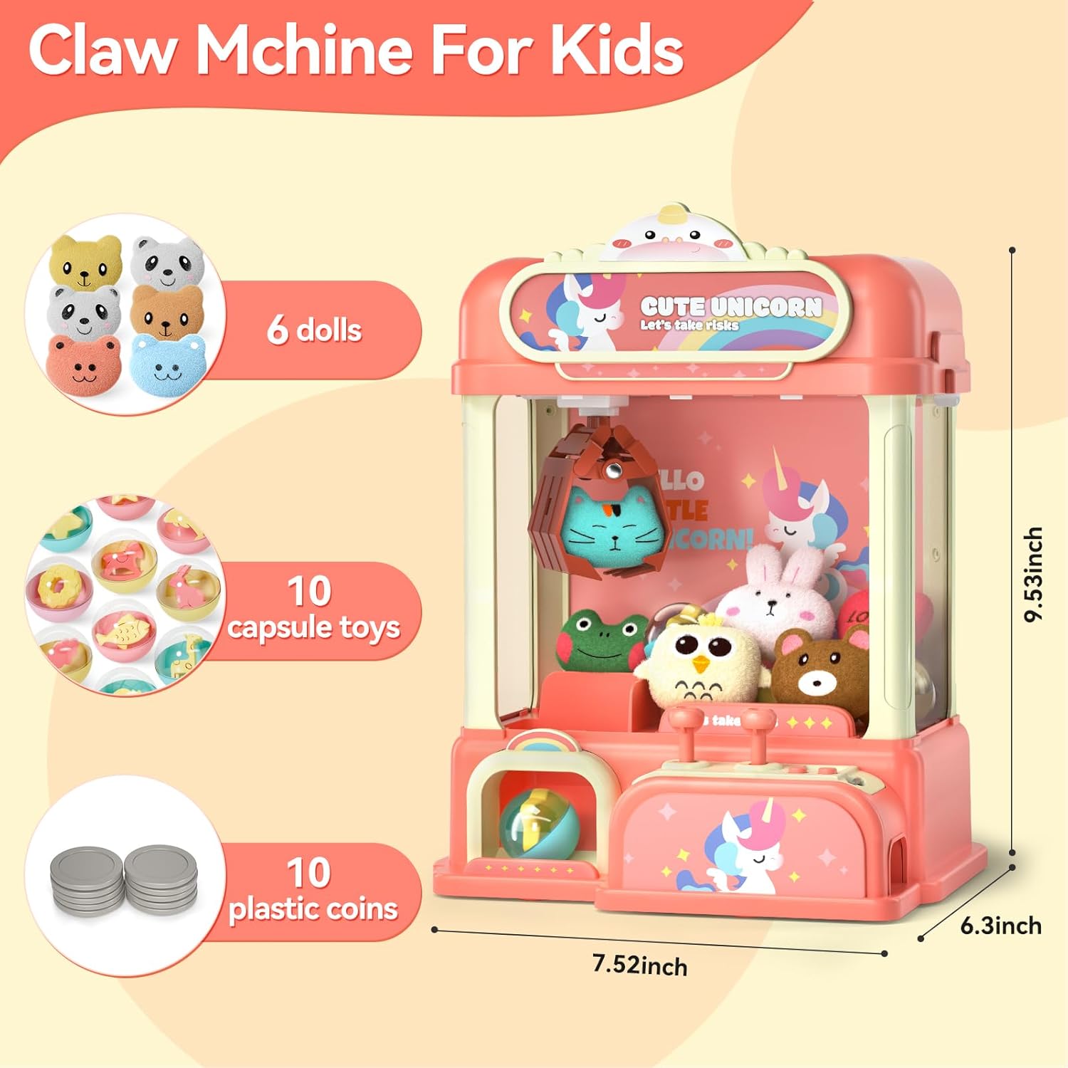 Claw Machine for Kids, Electronic Arcade Game Indoor Toy for Girls, Candy Vending Prizes Claw Game Machine Toys for Party Birthday for 6 7 8 9 Year Old，with Lights Sounds