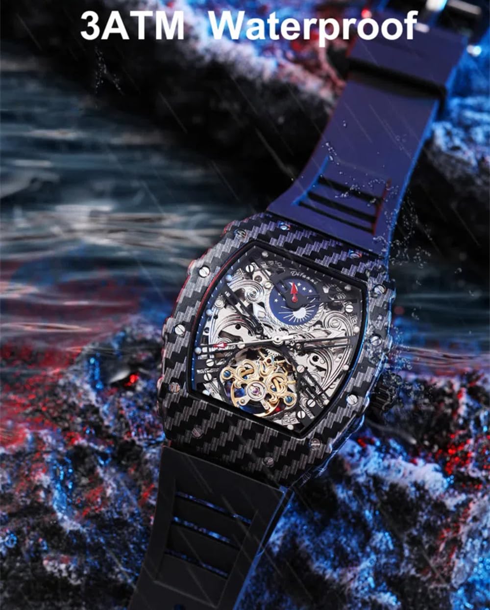 Męski czarny szkielet automatyczny zegarek mechaniczny luksusowy Tourbillon Hollow Vintage zegarki Tonneau cyferblat silikonowy pasek zegarek na rękę