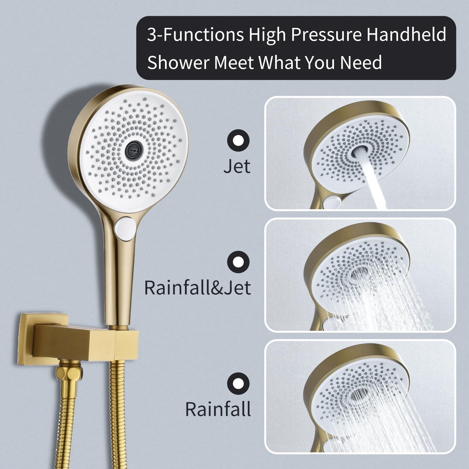 Brushed Gold,Cabezal De Ducha De Mano De 3 Funciones, Cabezal De Ducha De Alta Presión ABS, Cabezal De Ducha Desmontable con Manguera De Ducha De 59 Pulgadas Y Base Giratoria