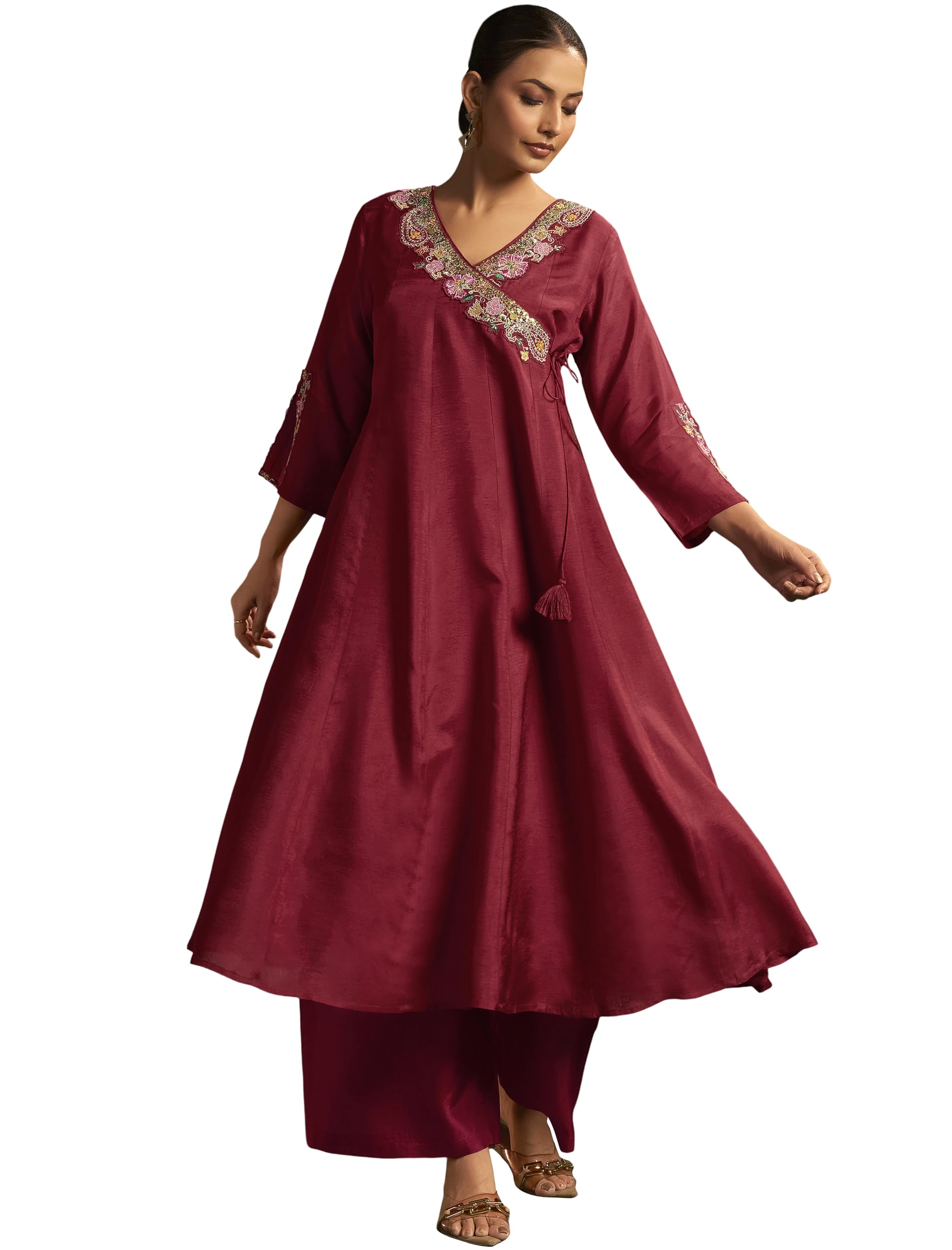 Kurta Chanderi rose haut de gamme brodé à motif floral chic - 6