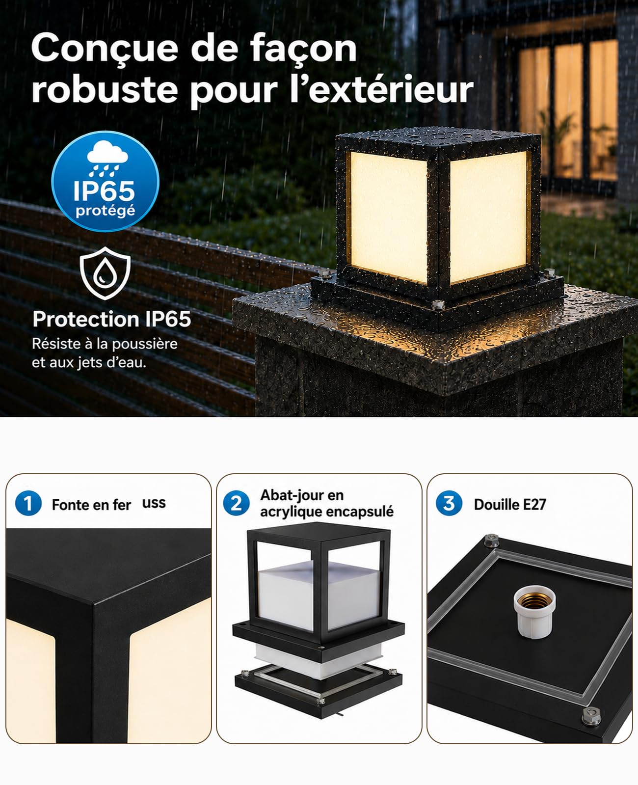 Borne Éclairage Extérieur 230V, IP65 Lampe de Jardin, Noir