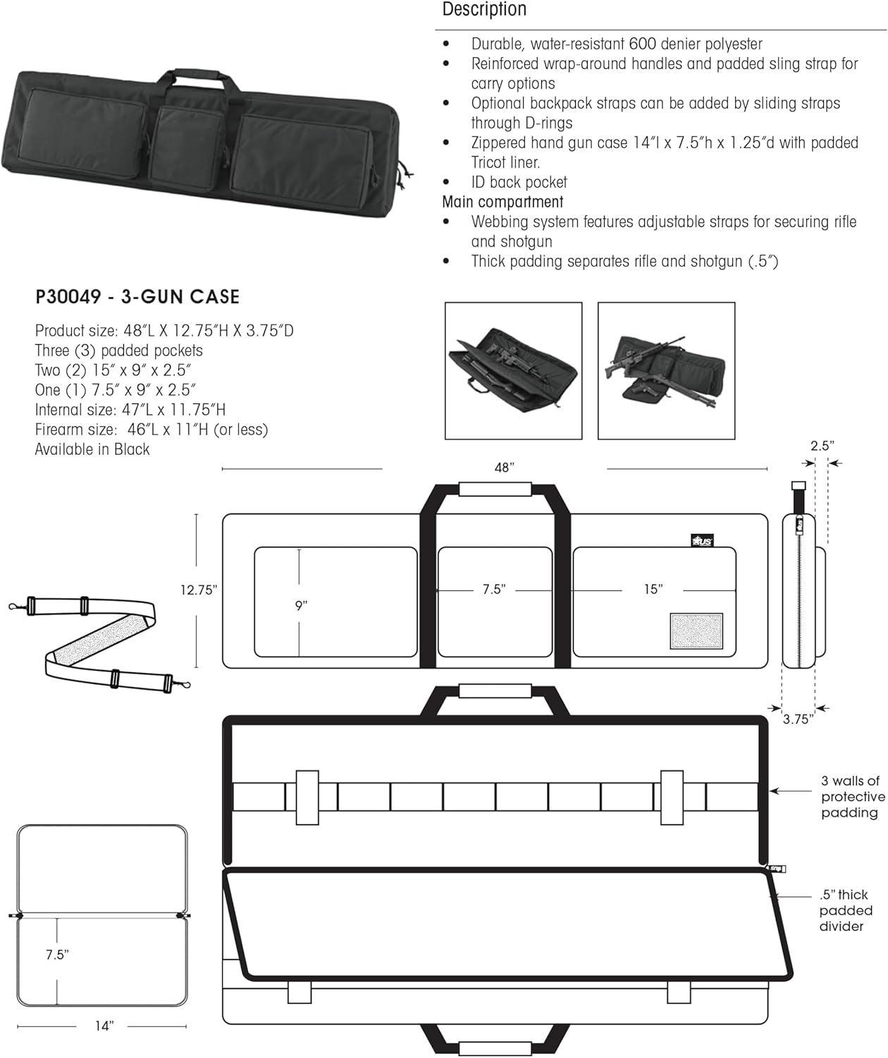 US PeaceKeeper Products P30049 - 3 Gun Case (48-Inch) - Heavy-Duty Water-Resistant Fabric - Easy to Carry - Locking Double Zippers - Lifetime Warranty - Black