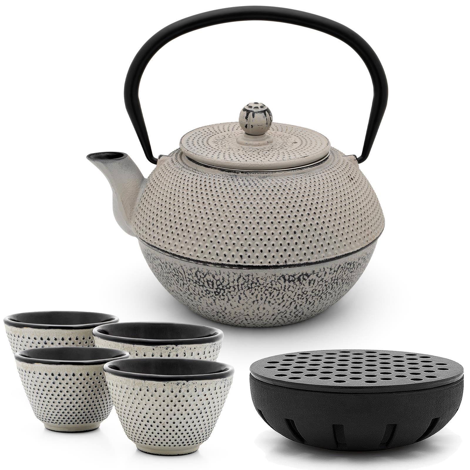 Bredemeijer Asia Teekanne Gusseisen Set 1.1 Liter - grauer Teekessel & Edelstahl-Filter-Einsatz für losen Tee & Teebecher (4 Tassen) & Stövchen (Teelicht)