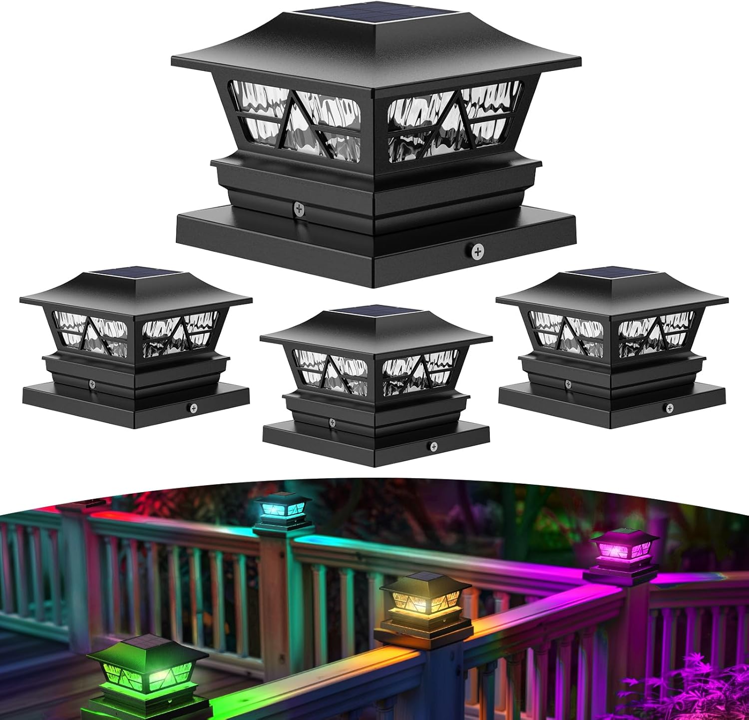 Viewsun Solar Post Lights Outdoor Waterproof RGB Color Changing Modes Fence Post Cap Lights, Deck Post Lights Solar Powered for 4x4 5x5 6x6 Wooden or Vinyl Yard Garden Patio Decor, Black(4 Pack) Black-RGB 4 Pack