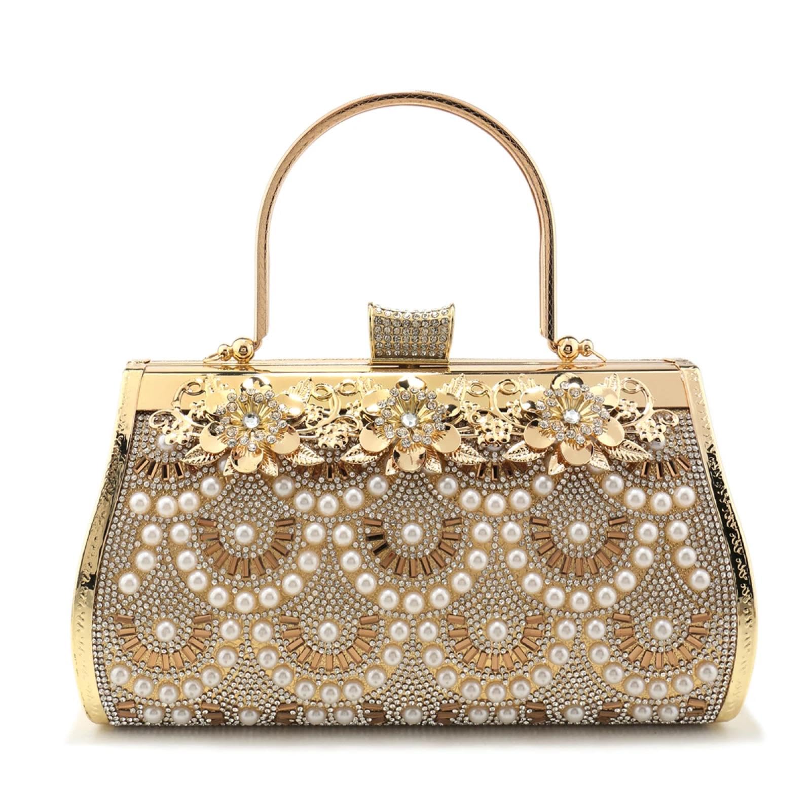Abendtasche Damen Clutch Bucket Design Clutch Golden Glitter Elegantes Mädchen Abend Taschen Strass Steine Perlen Tasche Mit Griff Handtaschen Für Party