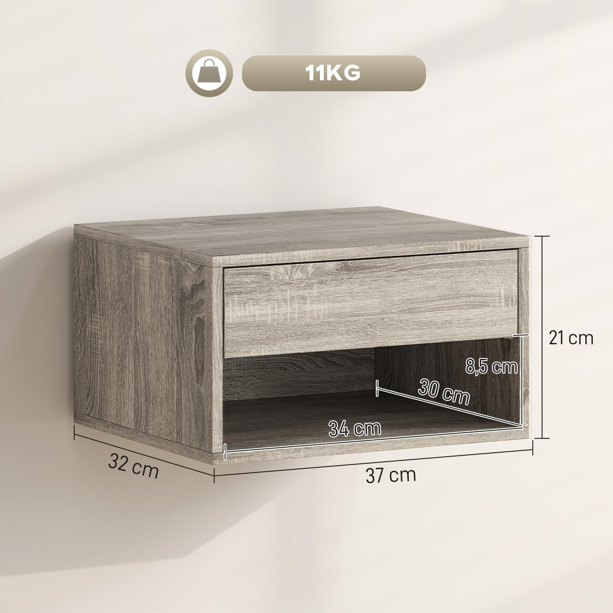 Lot De 2 Tables De Chevet Murales HOMCOM – Design Moderne Flottant, Tiroir + Niche, Bois Naturel 37 X 32 X 21 Cm