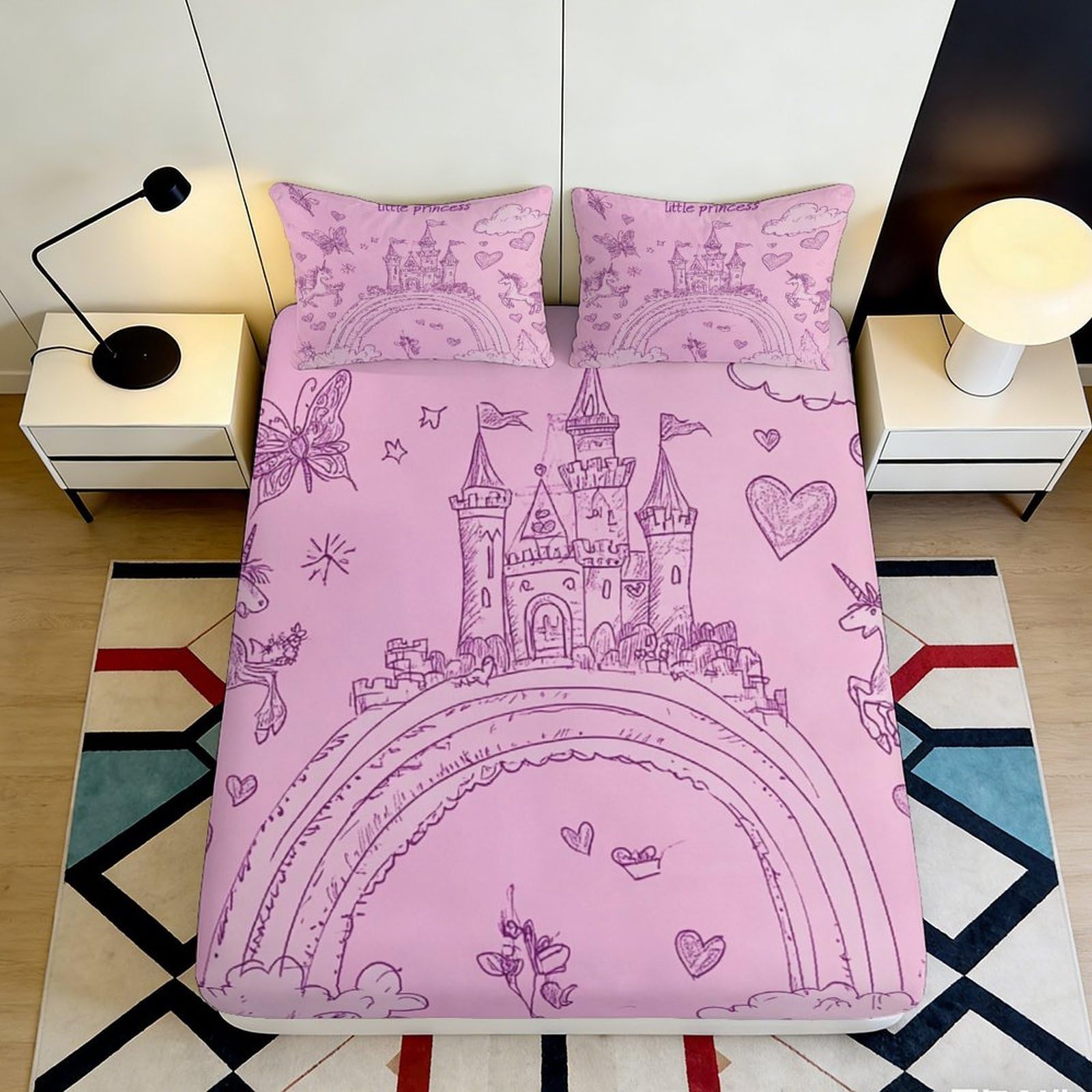 3D Printed Pink Castle Rainbow Fitted Sheet Microfiber Anti-Slip Easy Care Unicorn Heart Mattress Cover for Bedroom Dorm Room 120x200x25cm