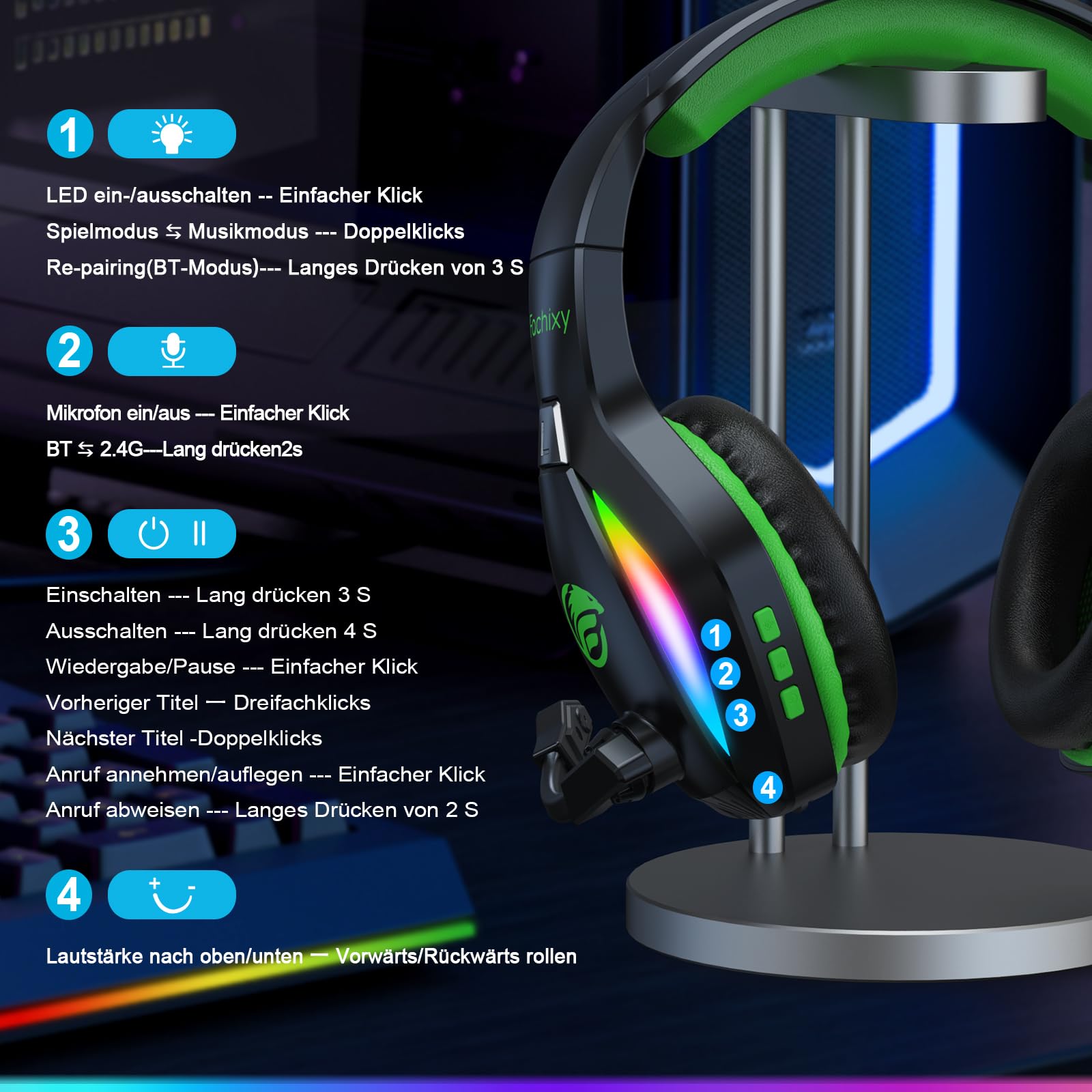 Fachixy「2025 Neu」FC100 Wireless Gaming Headset - 2.4GHz & Bluetooth Kopfhörer mit Mikrofon - 3D Stereo Sound & 40H+ Akkulaufzeit - Für PS4, PS5, PC, Mac, Tablets, Switch, Smartphones, schwarz-grün