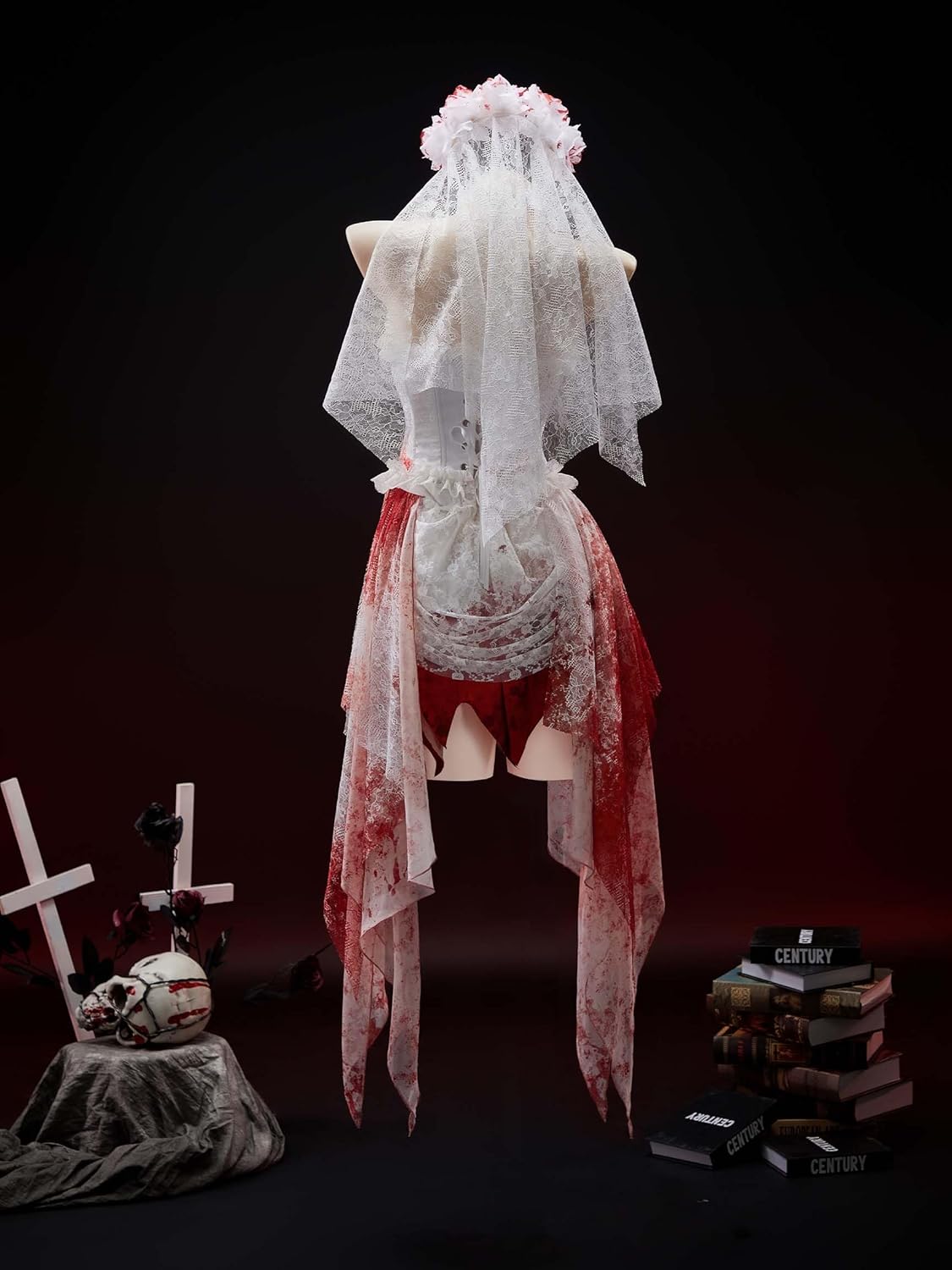 MEOWCOS Women's Gothic Dress Halloween Red White Bloody Bride Set Goth Tube Top Skirt with Headband Gloves