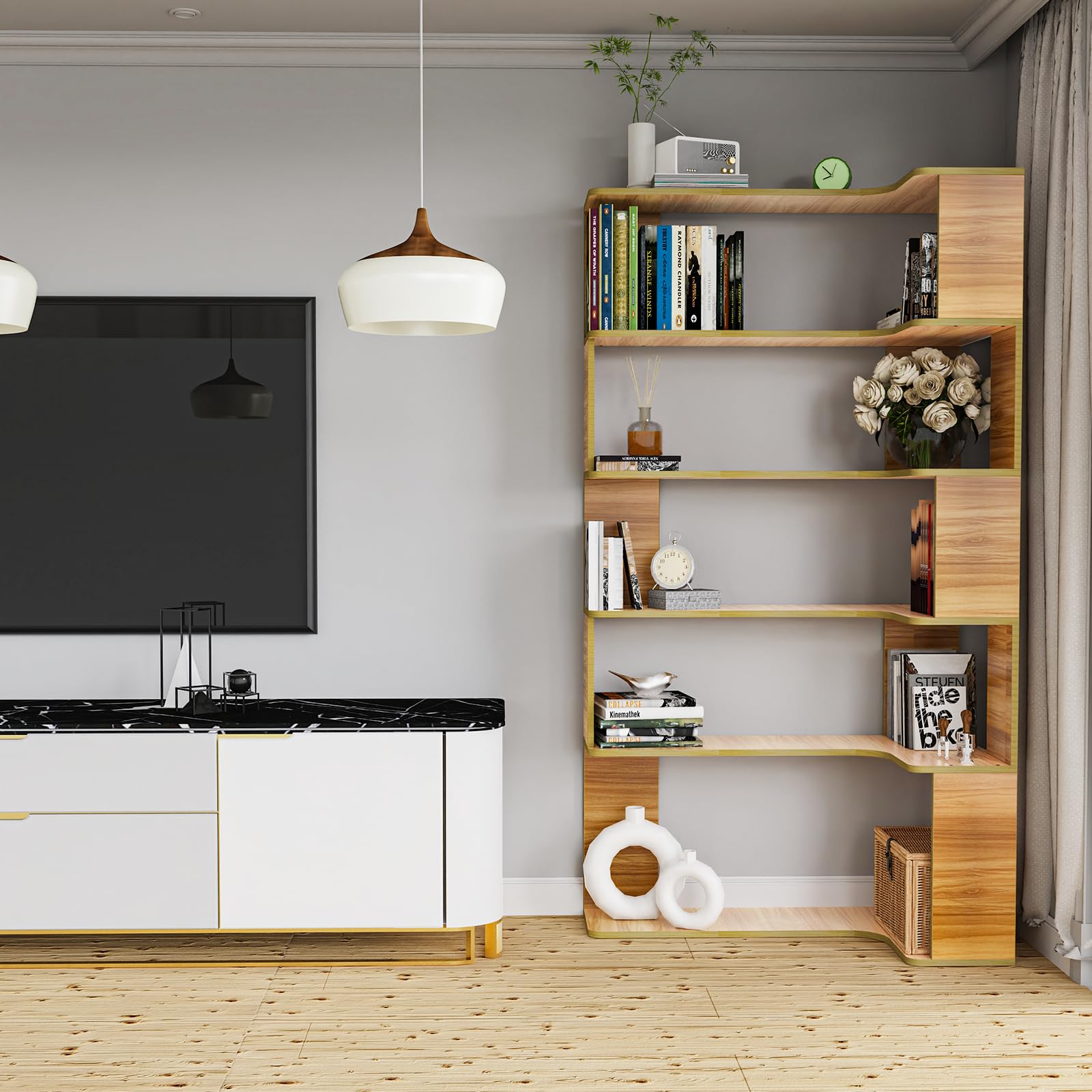 Estantería esquinera de 5 plantas, madera, altura: 169 cm, gran estantería, estilo moderno, mueble de almacenamiento para salón, estudio, dormitorio, blanco