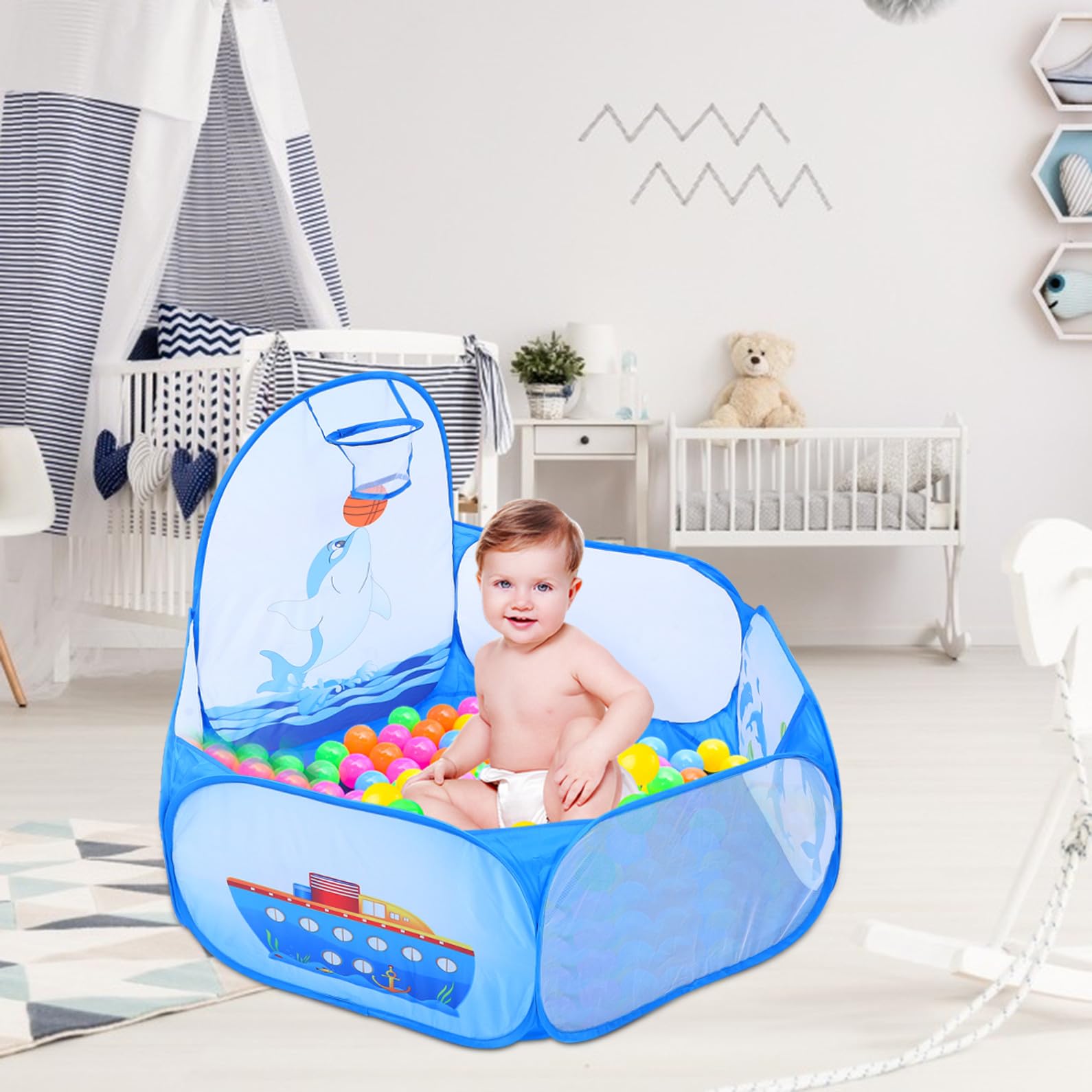 Piscina Giochi a Forma di Delfino in Poliestere Blu per Bambini