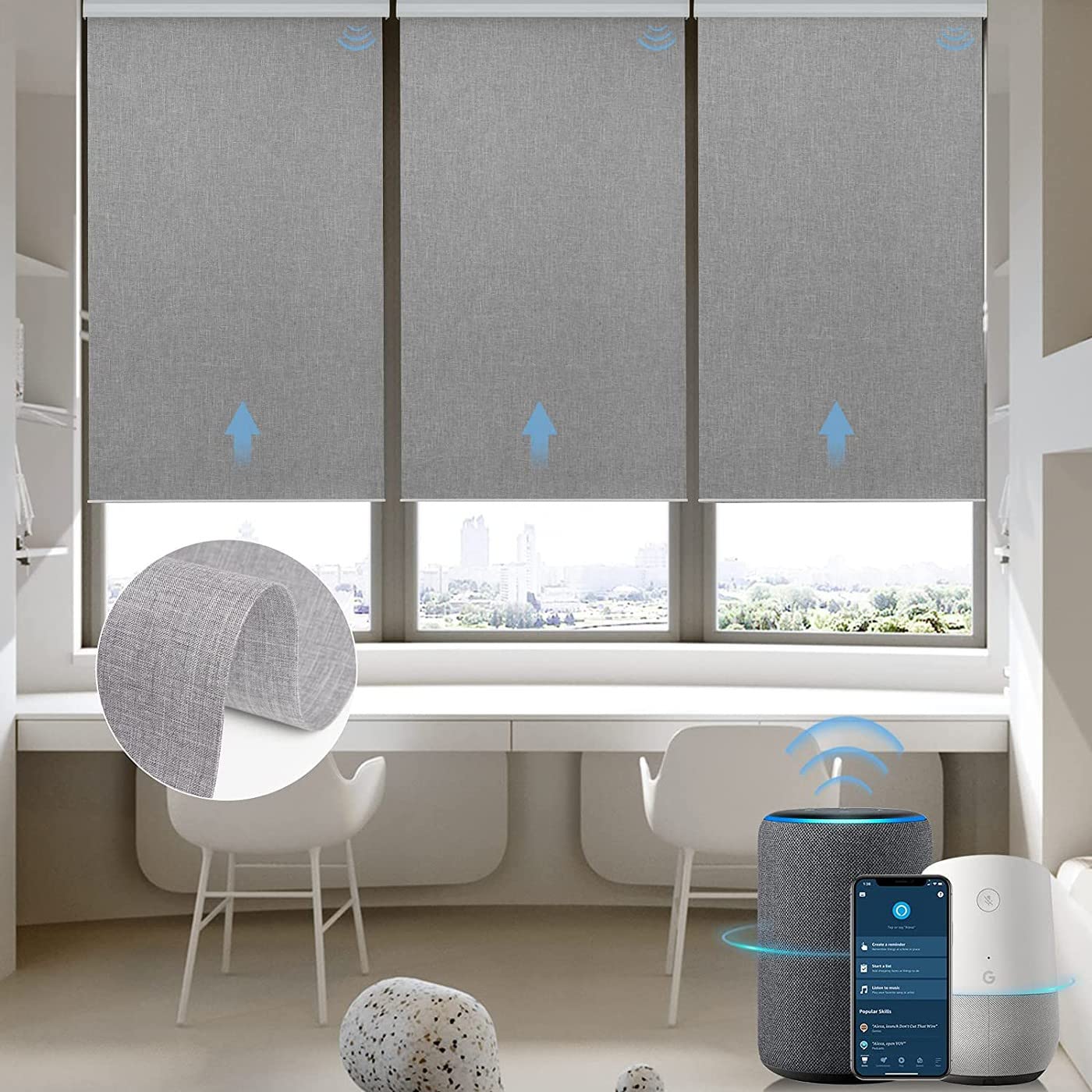GraywindCustomised Smart Blackout Roller Blinds Compatible with Alexa Google, Thermal Insulated Rechargeable Electric Blinds with Remote, Triple Weaved Fabric Motorised Window Shades, Light Grey