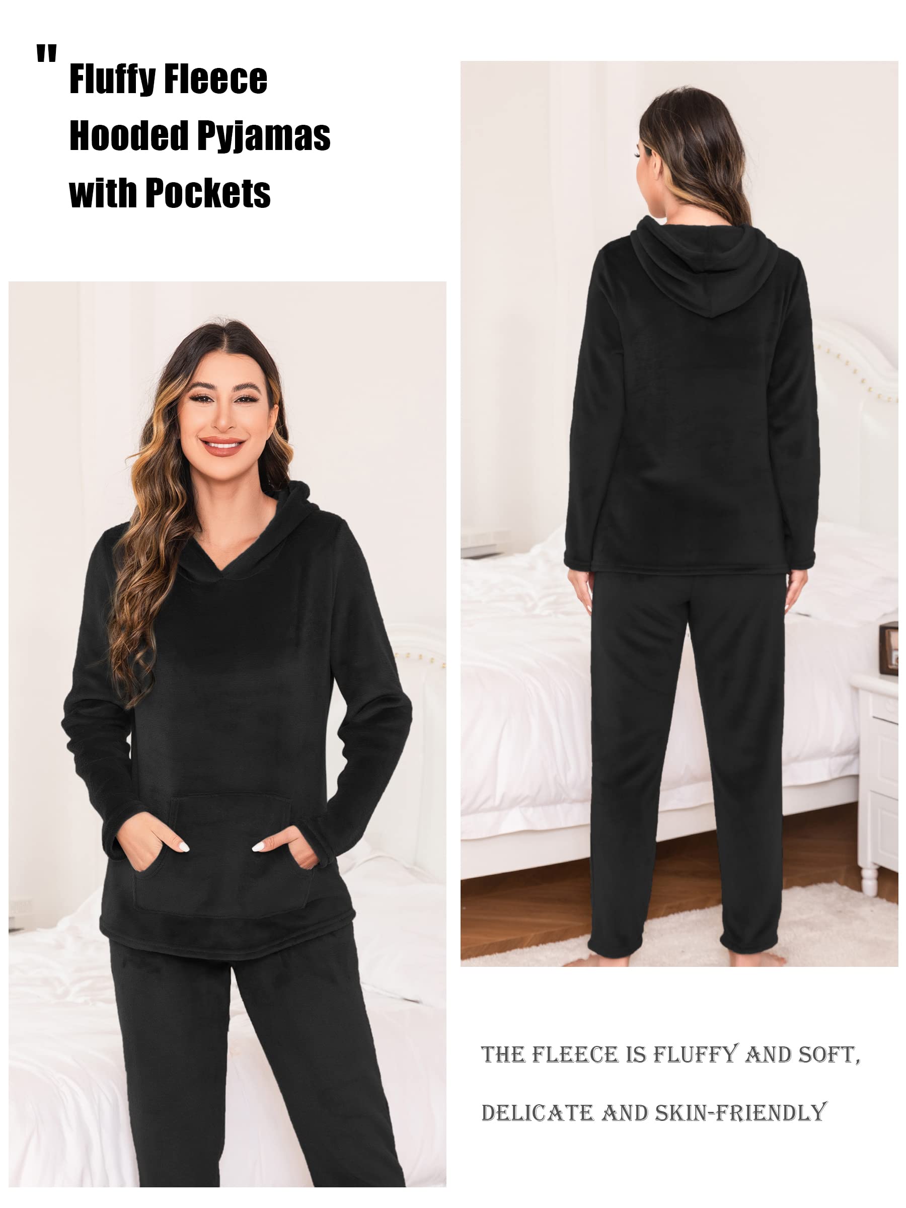 Lovasy Pigiama in Pile Donna Invernali Pigiami Due Pezzi a Maniche Lunghe | con Cappuccio Set Pigiama Caldo Comodo e Soffice con Tasche