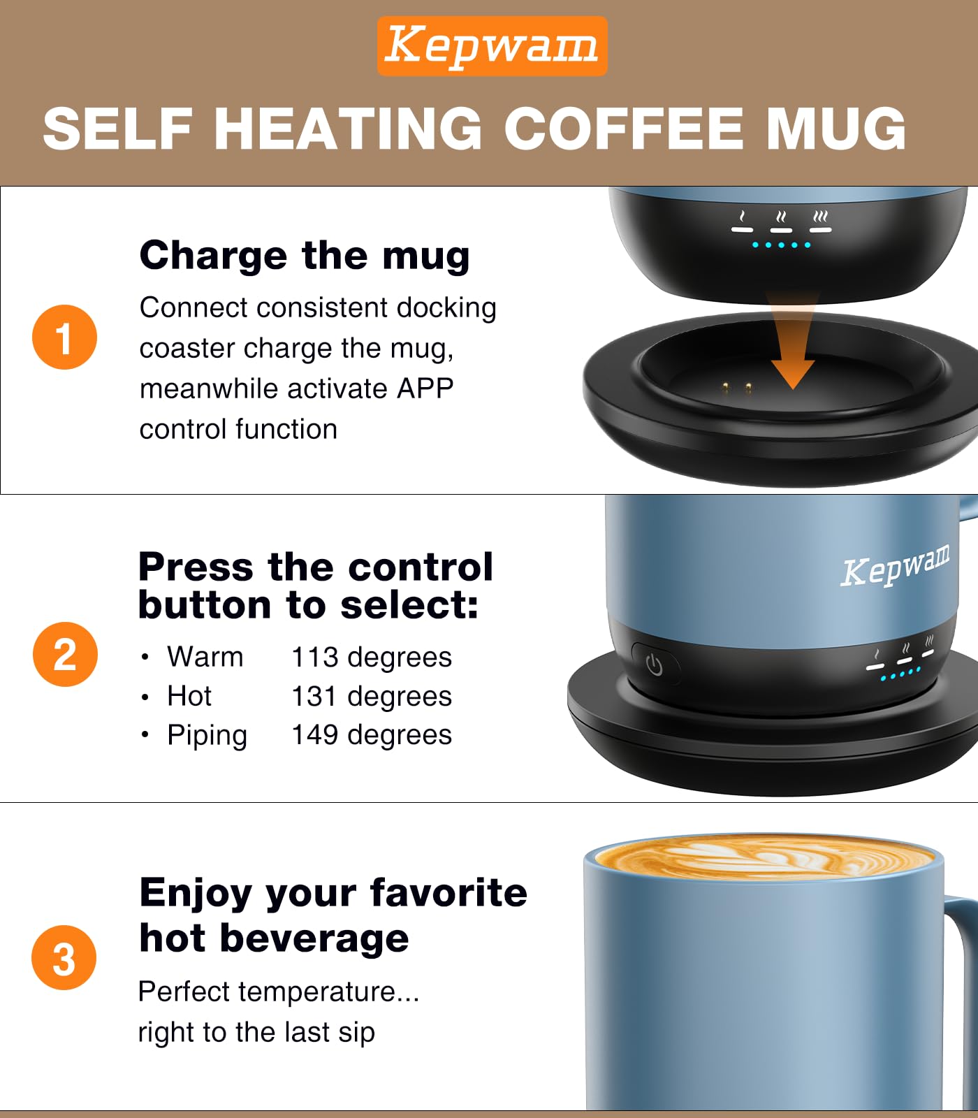 Kepwam Taza de café con calefacción T1-16 onzas, calentamiento rápido y mayor duración de la batería, taza de café autocalentable hasta 65.0 °C, botón físico y control por aplicación, taza calentadora