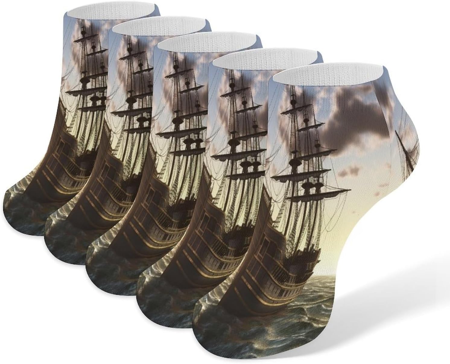 Women's Thin Elastic Socks Low-top Sports Invisible Pirate Ship Printed Ankle Socks 5 Pairs Suitable for Travel Commuting Outdoor