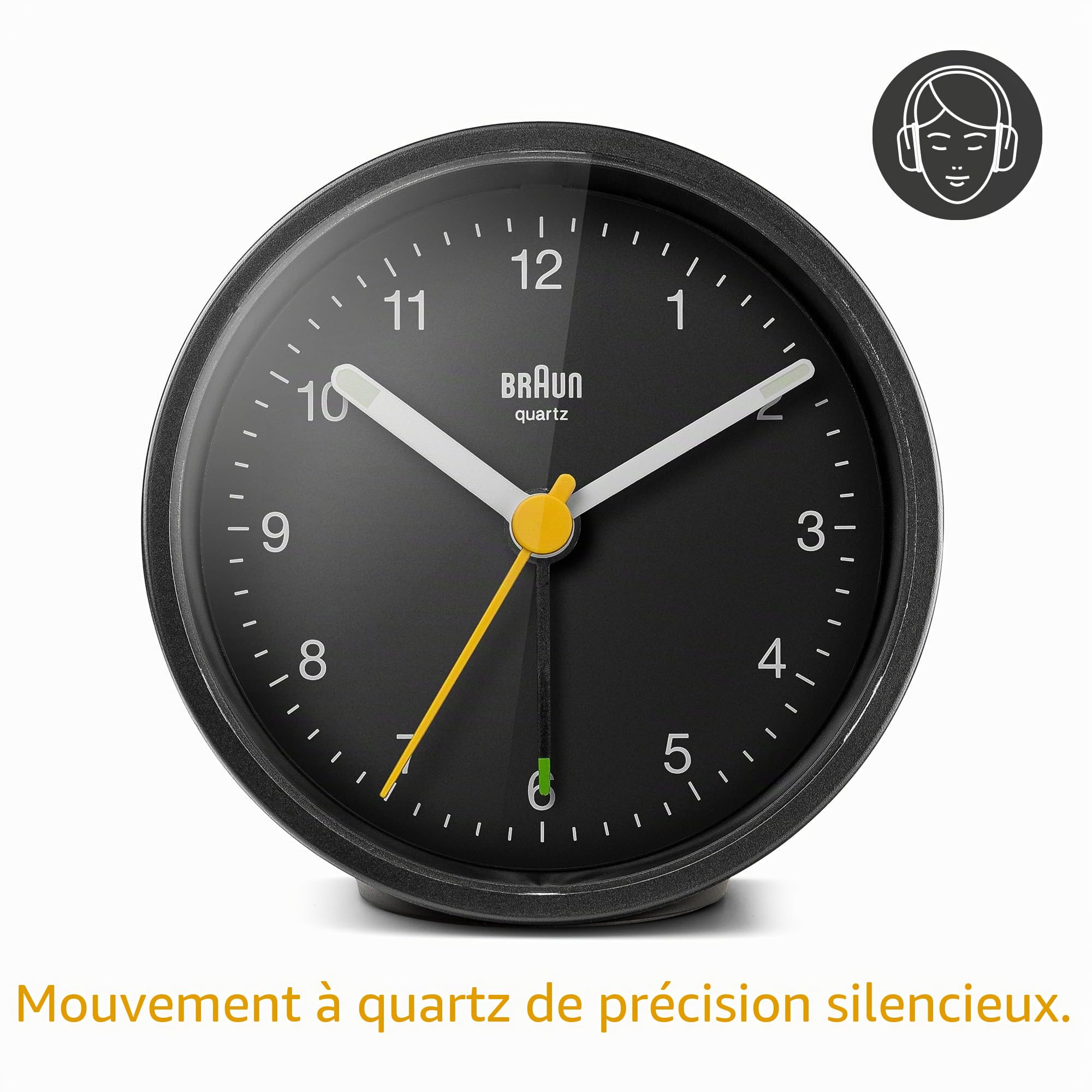Braun Réveil analogique Classique avec Fonction Snooze et lumière, Mouvement à Quartz Silencieux, bip de l’Alarme en Crescendo, en Noir, modèle BC12B.