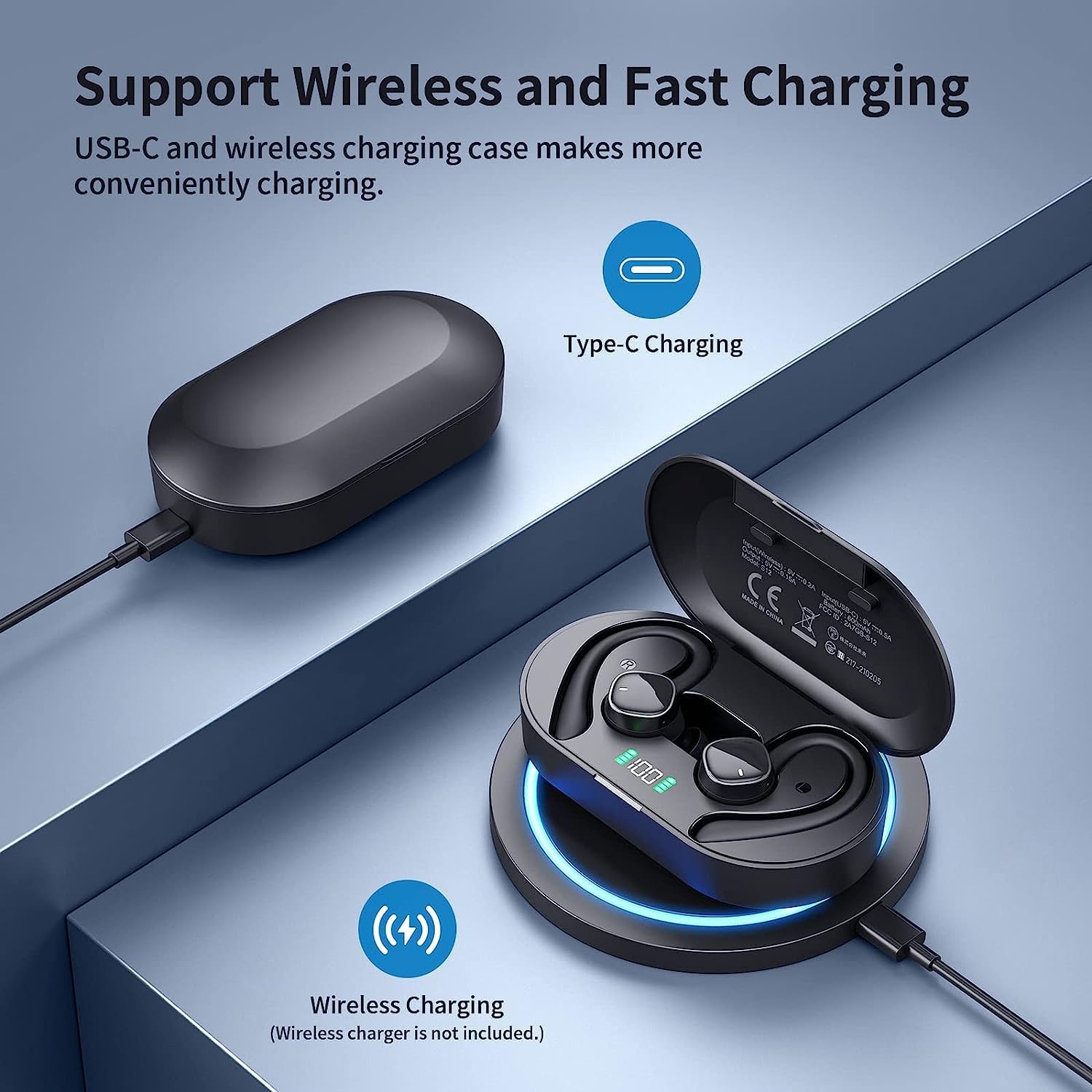 PSIER wireless earbuds charging case with USB-C cable and on a wireless charging pad