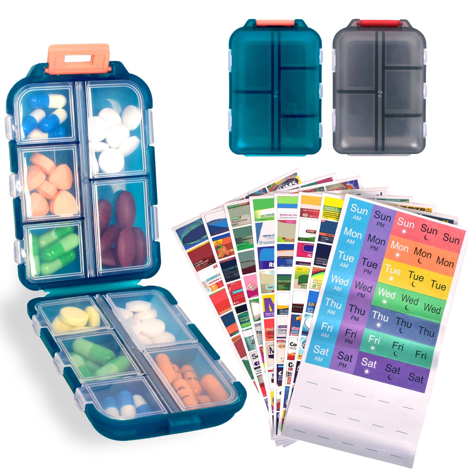2 Pcs Travel Pill Organizer with Labels, Portable Travel Medicine Daily Pill Container Organizer 7 Day Pill Case Storage Vitamin Fish Oil (Blue &amp; Gray, 320 Medicine Lables)