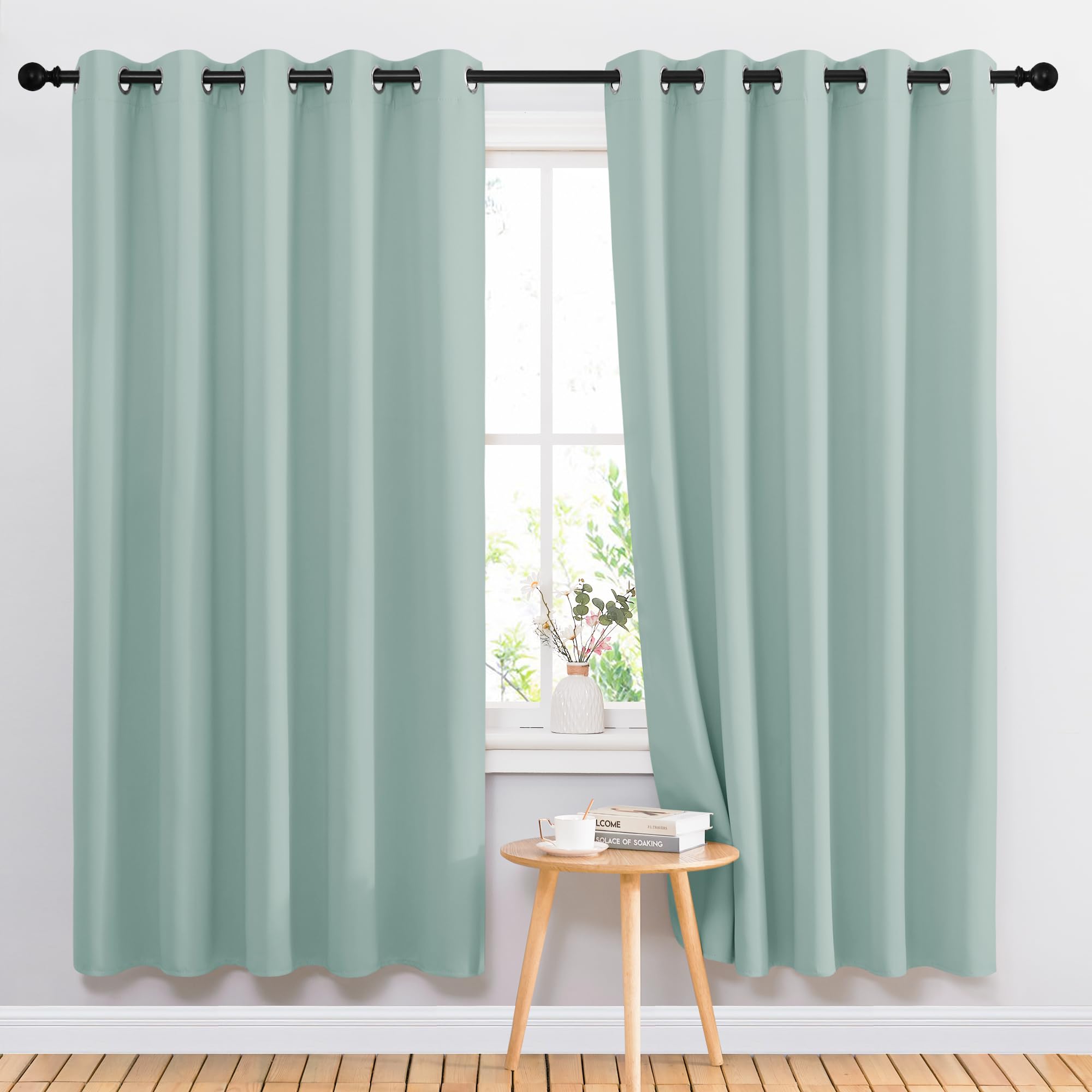 NICETOWN Bedroom Curtains Blackout Drapery Panels, 2 Panels, 70 x 72 inches, Aqua, Three Pass Microfiber Thermal Insulated Solid Ring Top Blackout Window Curtains/Drapes