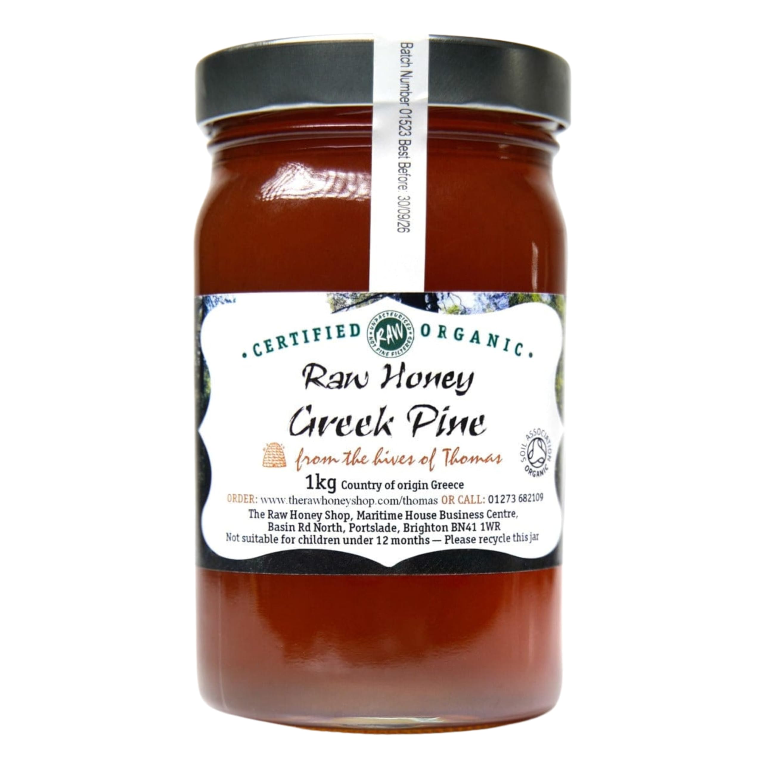 Thomas' Artisan Raw Greek PINE HONEY, 1kg - Antibacterial HONEY, Thick & Unpasteurised, Cold-pressed, Antibacterial, Single Origin - The Raw Honey ShopSoil AssociationSoil AssociationSoil Association