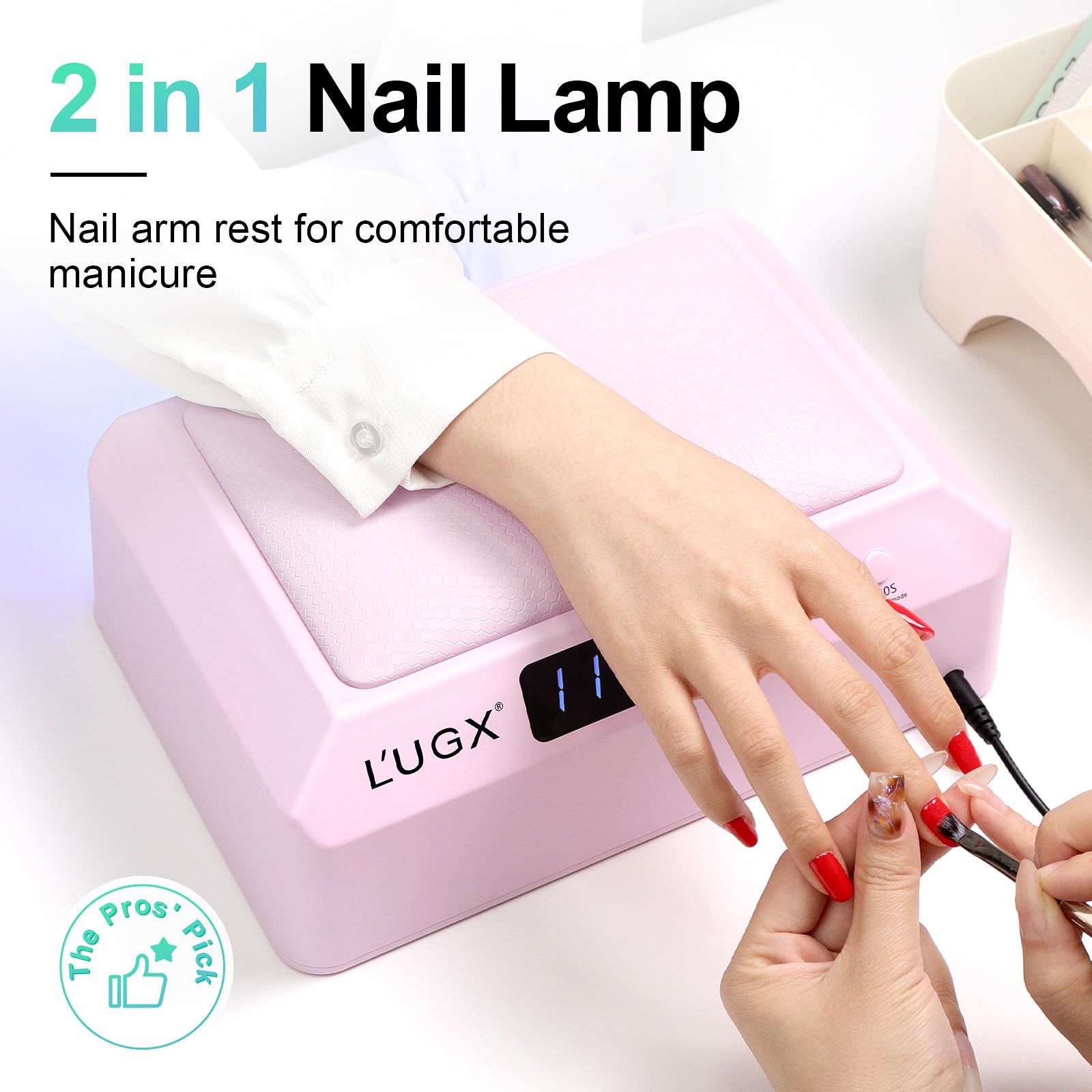 L'UGX Lampada professionale per polimerizzazione unghie per asciugatura smalto gel 72 W LED UV con cuscino bracciolo e vassoio retrattile, perfetta per manicure e pedicure in salone e a casa, rosa
