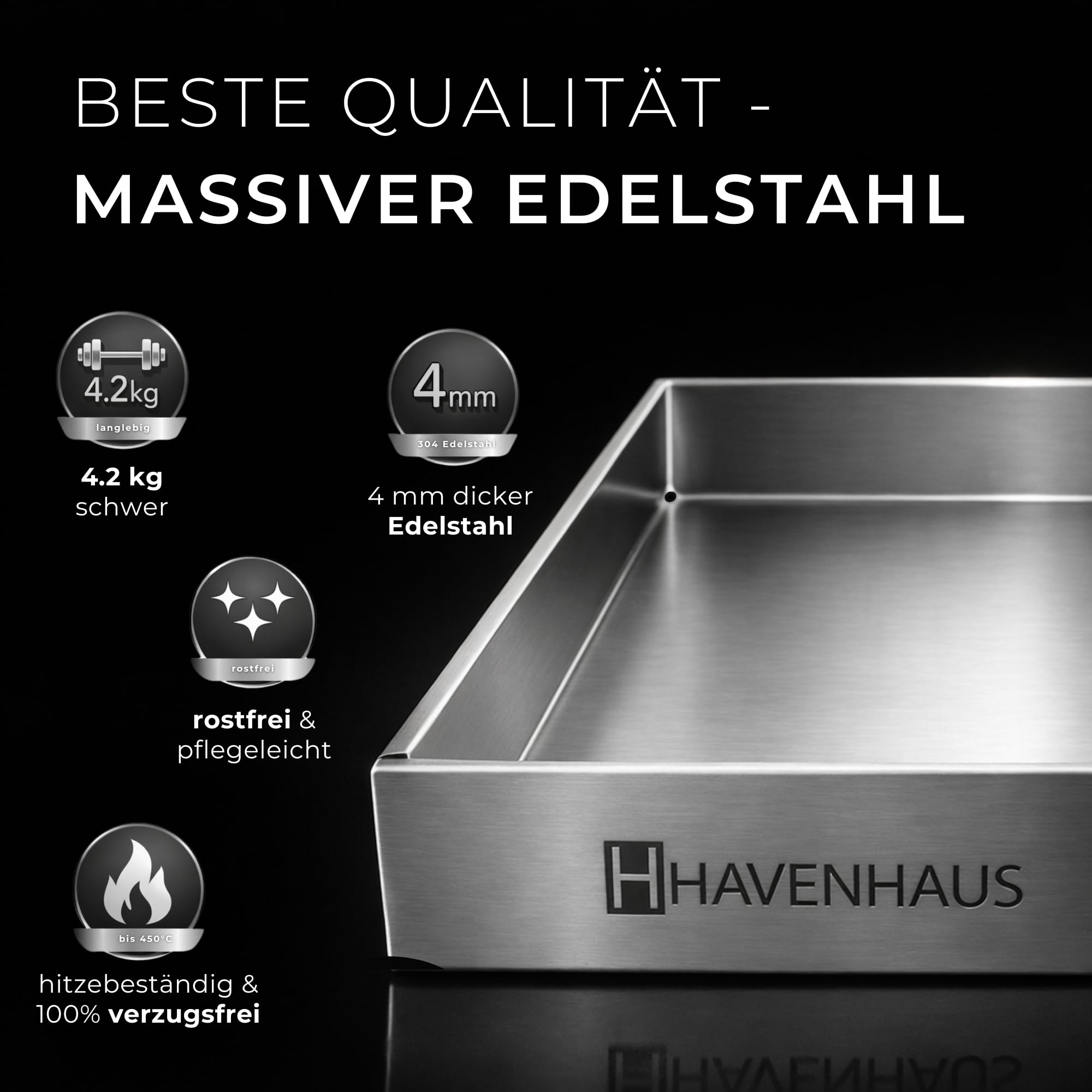 𝗛𝗔𝗩𝗘𝗡𝗛𝗔𝗨𝗦 Grillplatte Edelstahl [40x30cm] Set XXL mit umfassendem Smash Burger Zubehör | 6-teilig Premium Set Plancha, Burgerpresse, Burgerglocke& Grillspachtel I Smash Burger Set für Zuhause