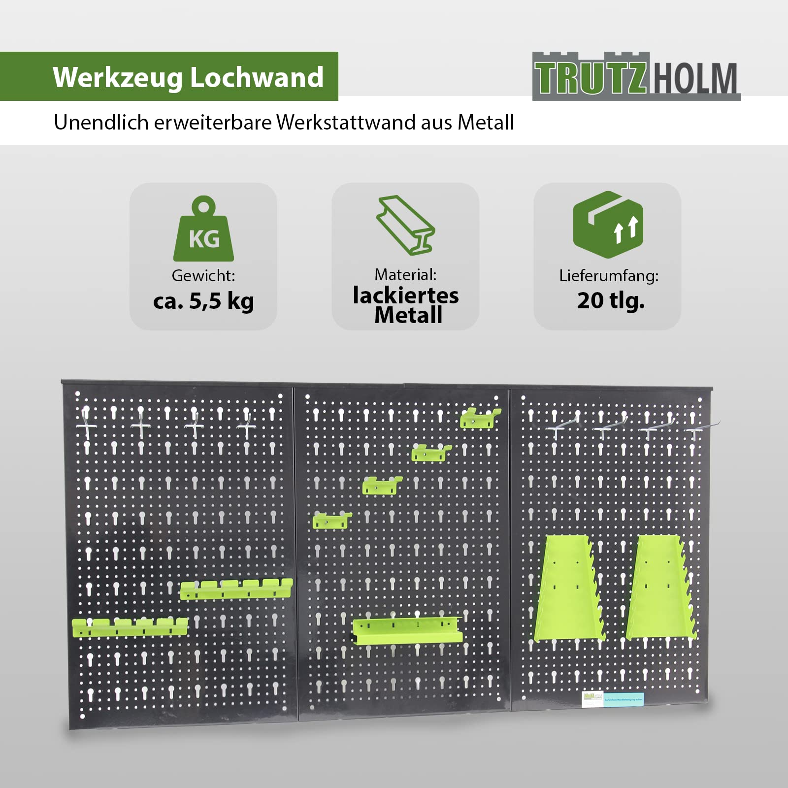 TRUTZHOLM Werkzeugwand Lochwand Werkzeuglochwand 120 x 60 x 2,5 cm | 17 teilge Hakenset | Lochwand für die Werkstatt für Hammer, Zangen, Schraubendreher