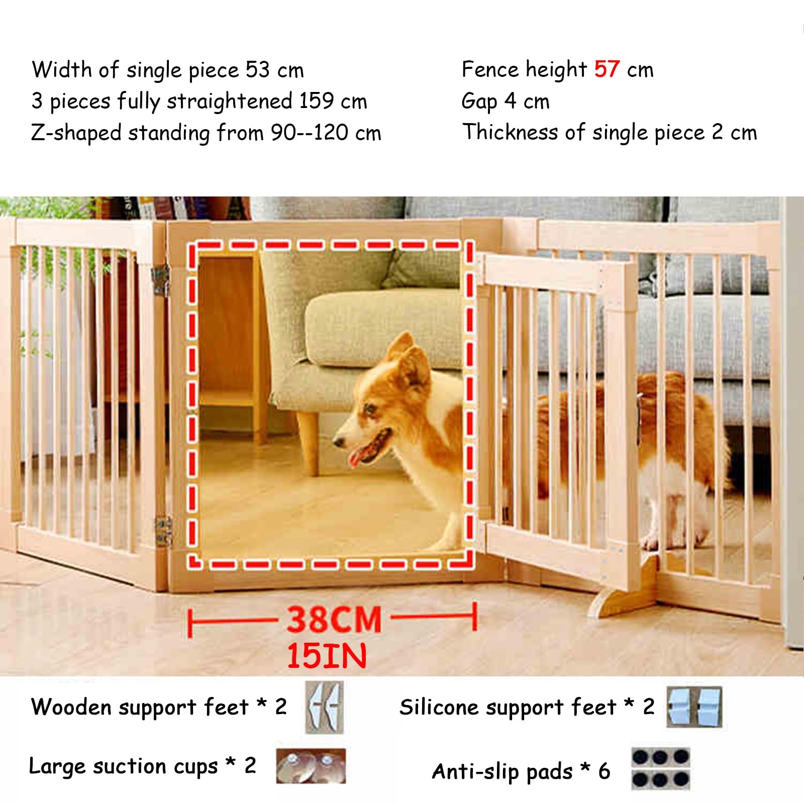 Hunde-Laufstall aus Holz, faltbar, Sicherheitszaun, 6 Paneele, freistehendes Haustiergitter, einfache Montage, Welpenkiste, Hundehütte, tragbarer Indoor-Hundezaun, 55,9 cm Höhe, Set mit 3 Paneelen