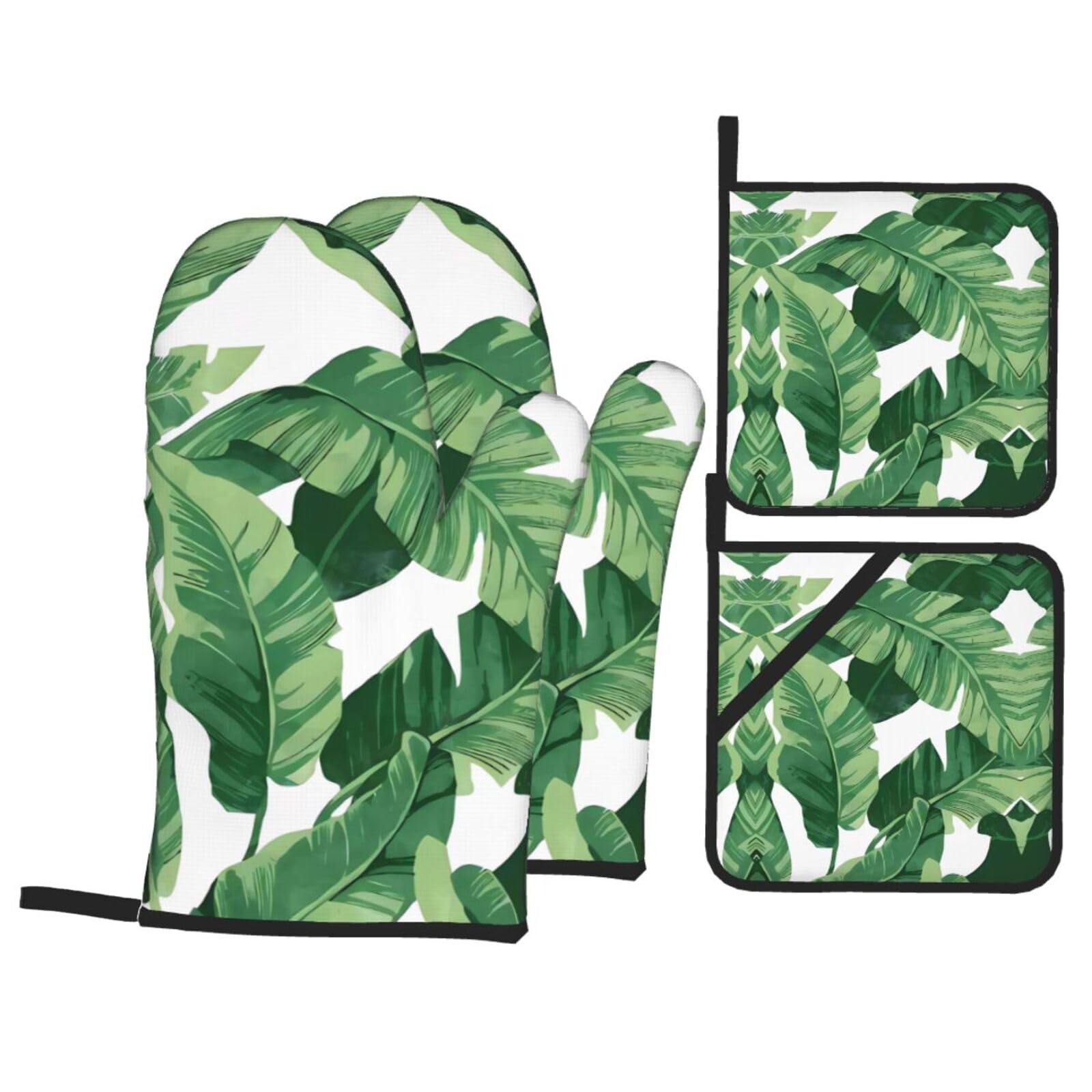 HJFCZH Cute green palm leaves Prints Kitchen Throw Set: Durable Oven Layers with Waterproof Polyester – 4 Piece Heat Protection System