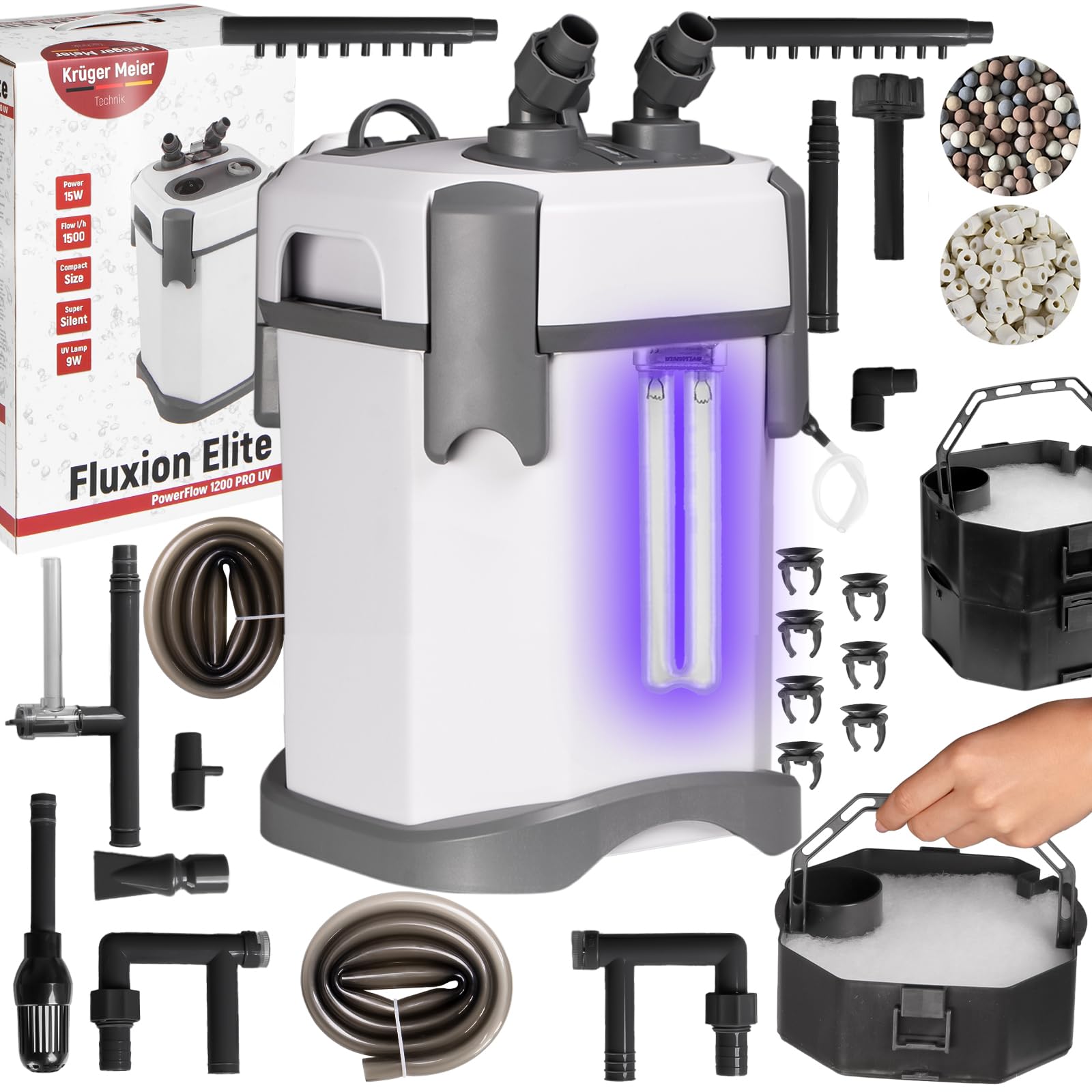 Fluxion Elite 1000 UVC PRO Außenfilter für Aquarium 80–180L, mit 7W UV-Klärer, 2 Filterkörben, regulierbarem Durchfluss, leiser Aquarienfilter