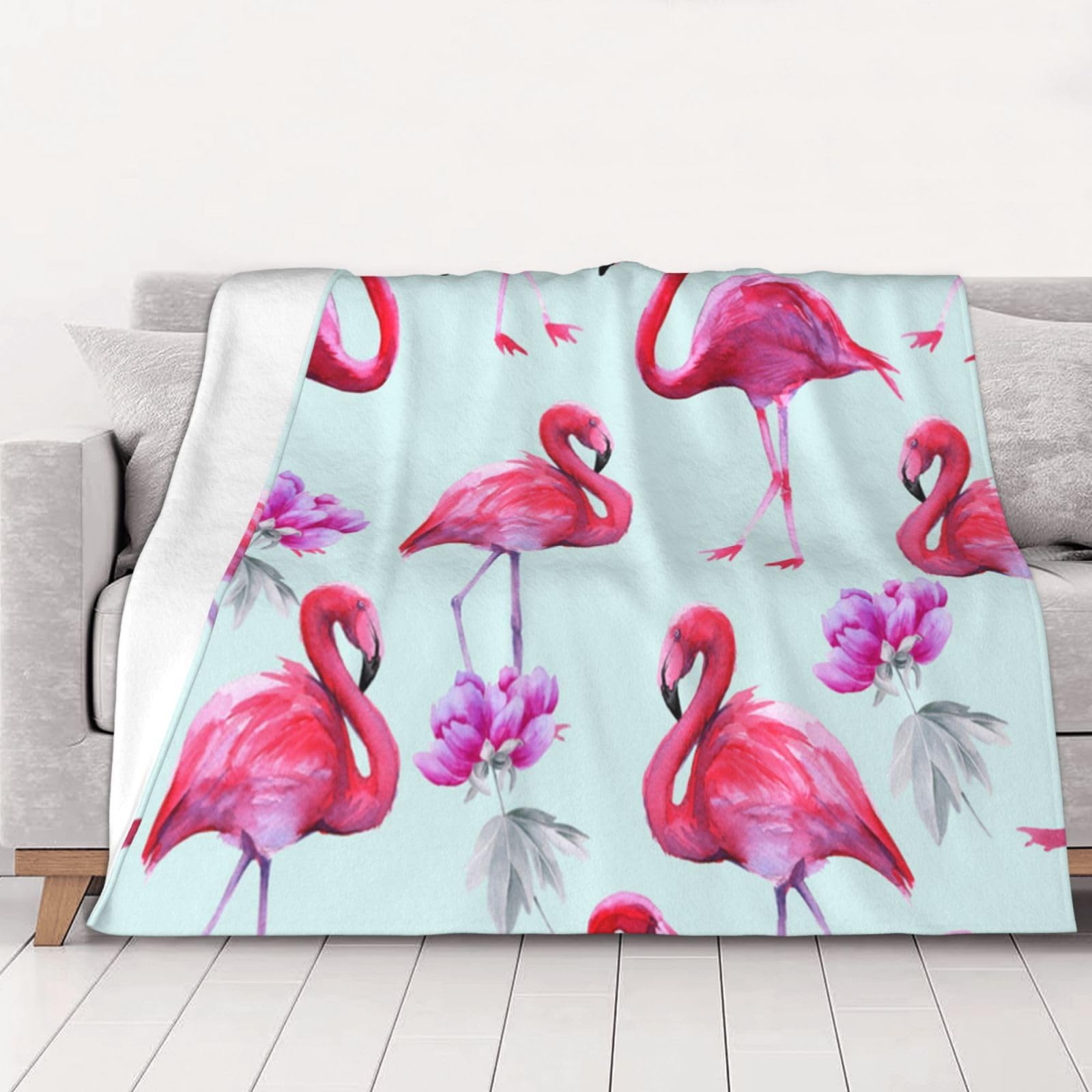 AUBKFELD Pink Flamingos Printed Flannel Blanket 150x125 CM, Soft & Warm Throw Blanket for Sofa/Couch/Bed/Car, Gifts for Audlts Women Men