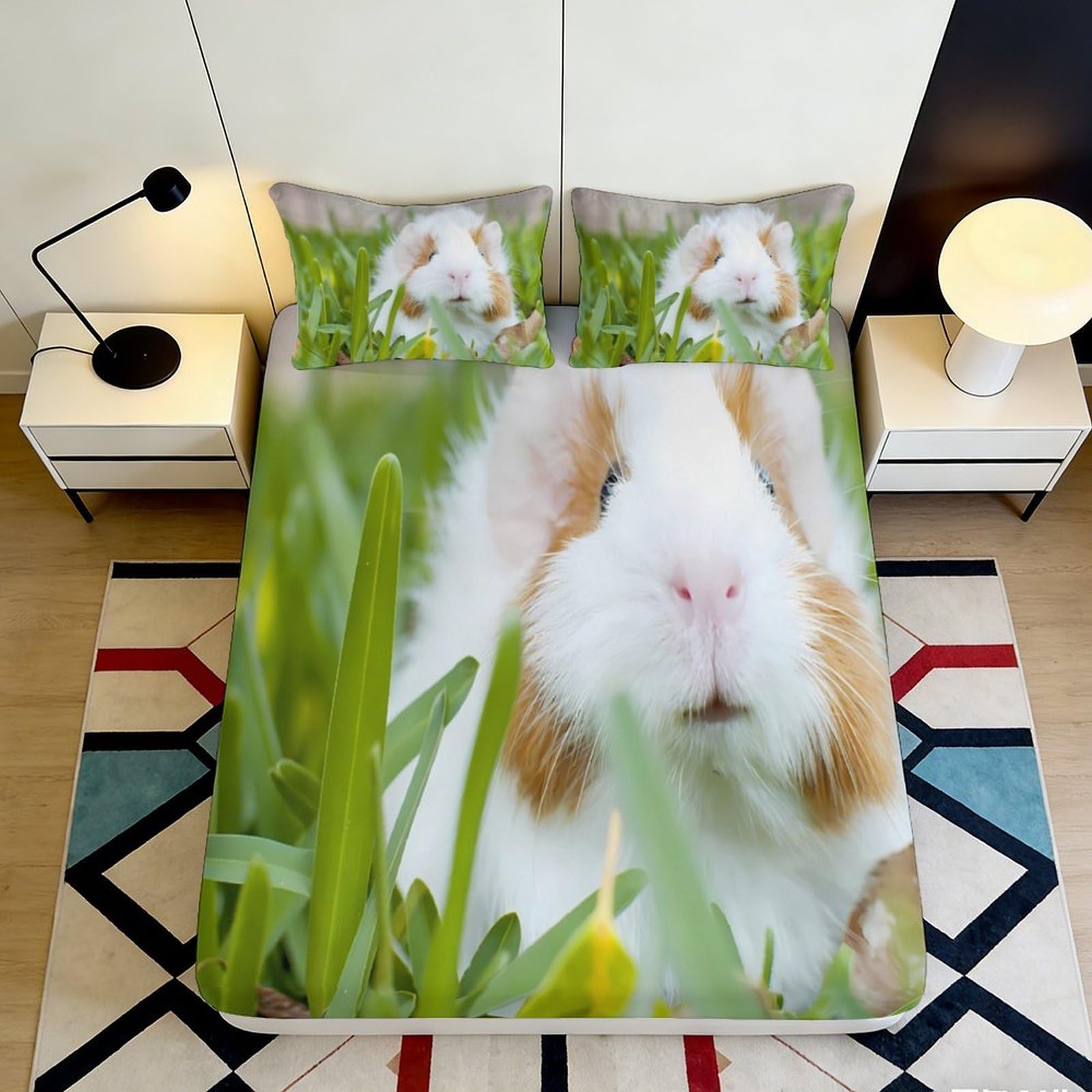 3D Printed Cute Rabbit Fitted Sheet Microfiber Soft Breathable Bunny Grass Mattress Cover for Bedroom Guest Room Decor 90x200x25cm