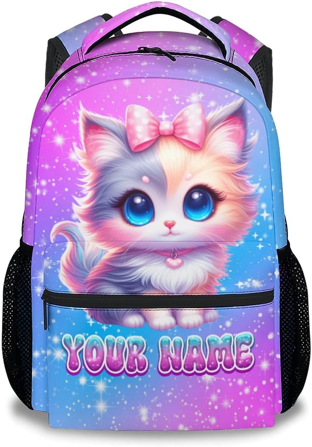 Personalized Backpack for Girls - Cat Backpacks for Kids Ages 6-8, 17 Inch Custom Toddler School Bookbag with Name