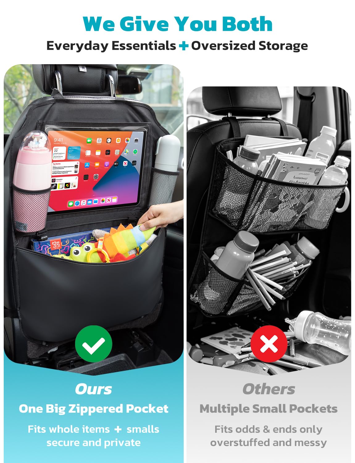 Oasser - Protector organizador para asiento trasero del coche, 2 unidades, talla XL, con 1 caja de pañuelos, soporte transparente para iPad de 10 pulgadas y 3 grandes organizadores de almacenamiento.