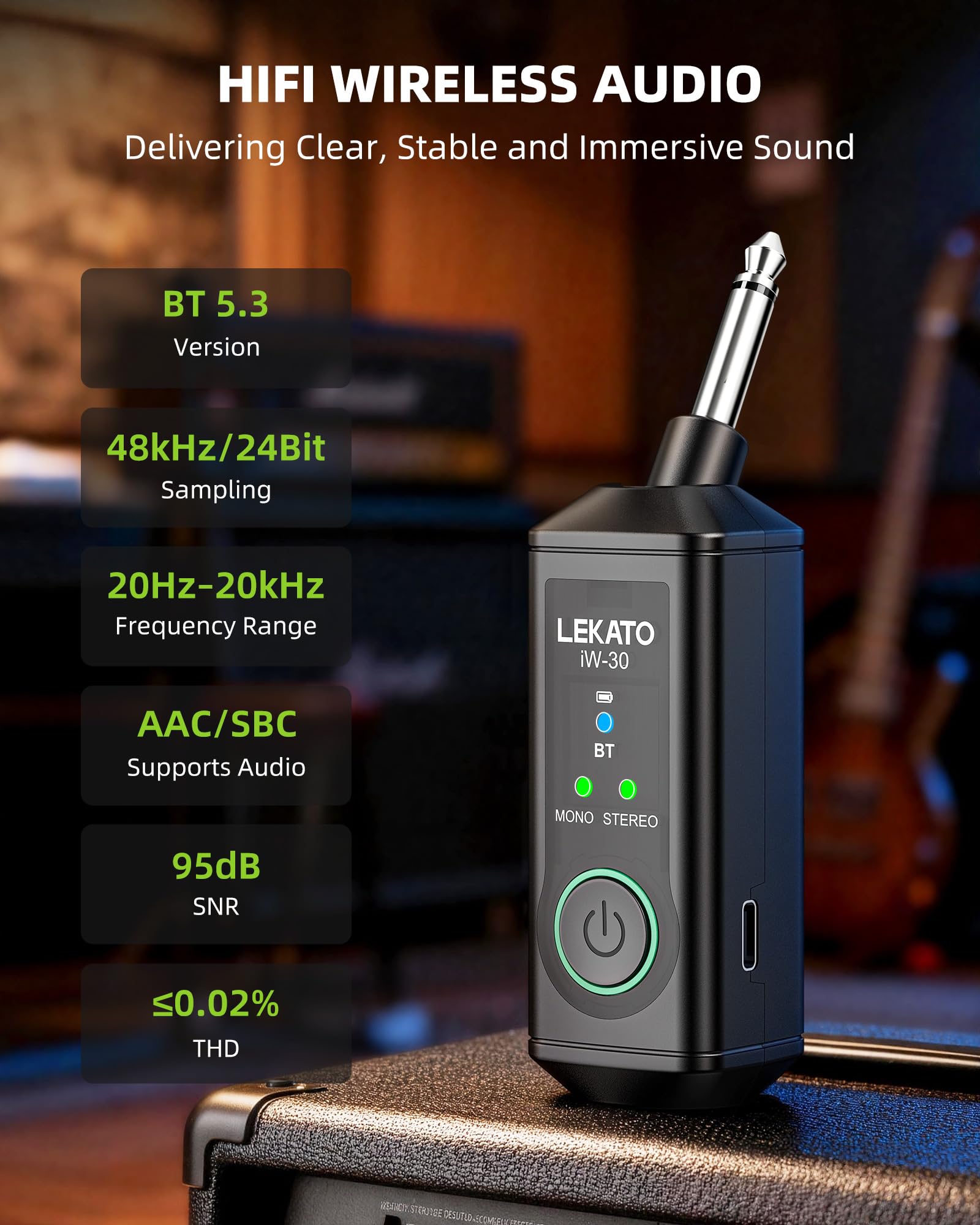 LEKATO iW-30 - Receptor Bluetooth de 6,35 mm, 2 receptores de alta fidelidad con rango de 50 m, receptor de audio inalámbrico estéreo con tiempo de reproducción de 15 horas, modo mono/estéreo