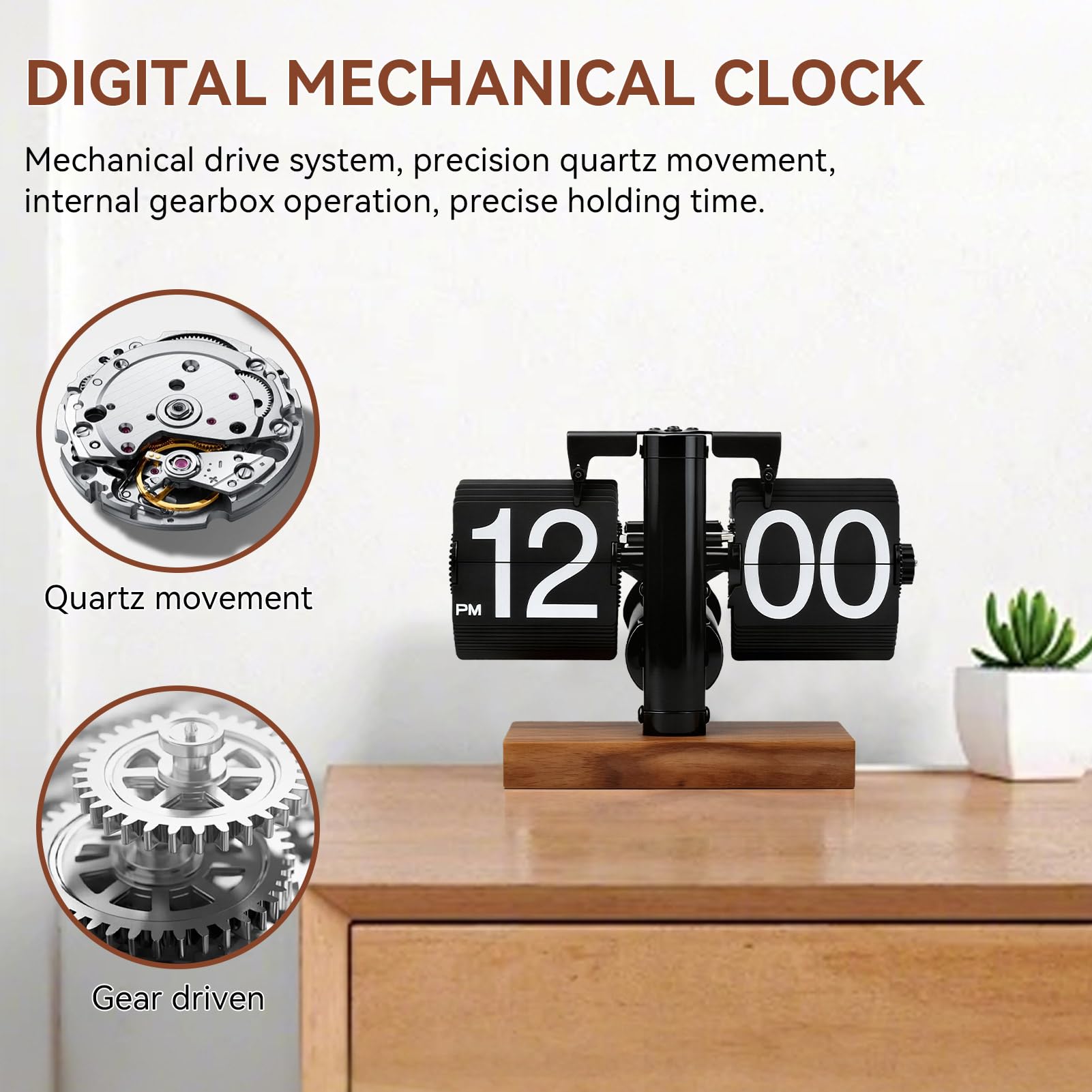 HERCHR Reloj con Tapa, Reloj De Escritorio con Tapa Retro, Reloj Mecánico Digital con Tapa hacia Abajo, Reloj De Mesa con Tapa Automática, Reloj Mecánico con Pilas para Decoración De(Negro Mate)