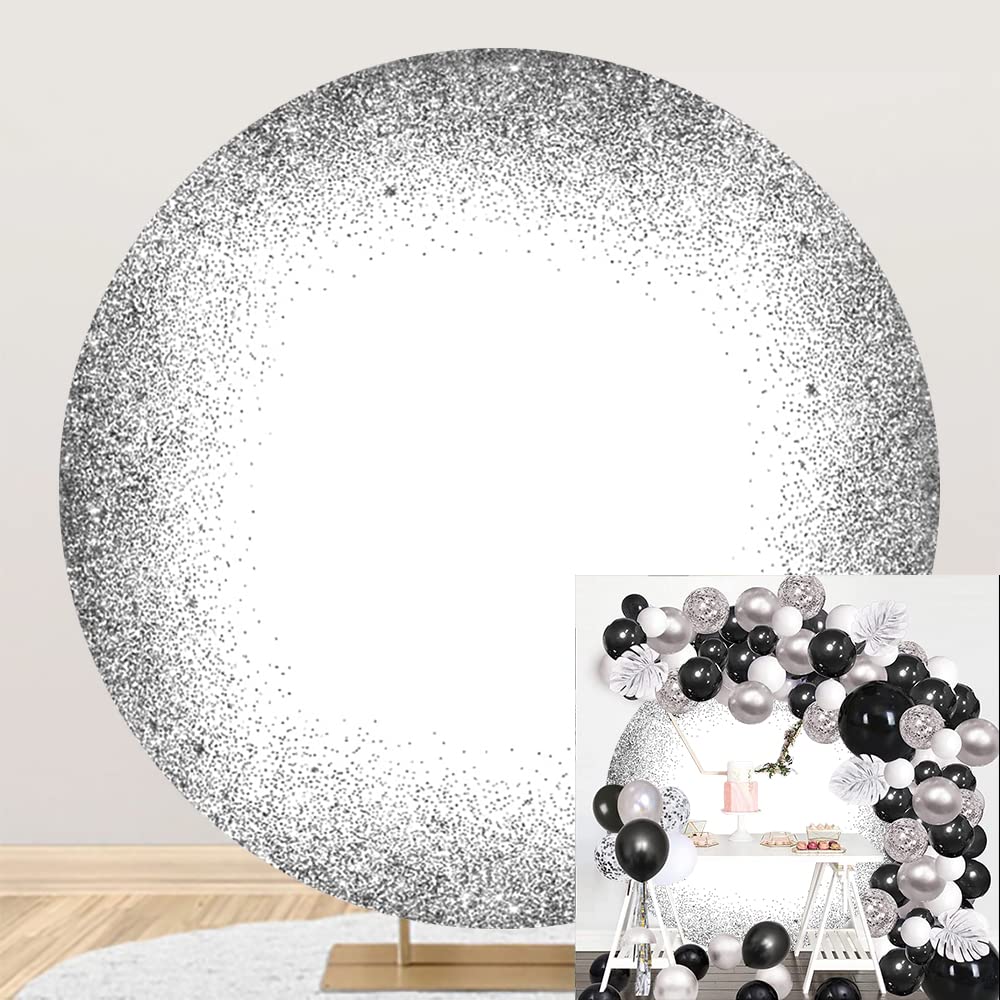 OERJU White Silver Round Backdrop Cover Polyester Silver Glitter Sequins Round Background Adult Kids Baby Shower Birthday Wedding Party Decoration