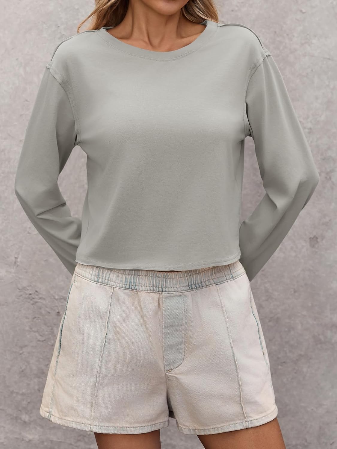 Tankaneo Womens Long Sleeve Crop Tops Casual Loose Fit Cropped T-Shirts Crew Neck Fall Trendy Tee Shirts - Image 3