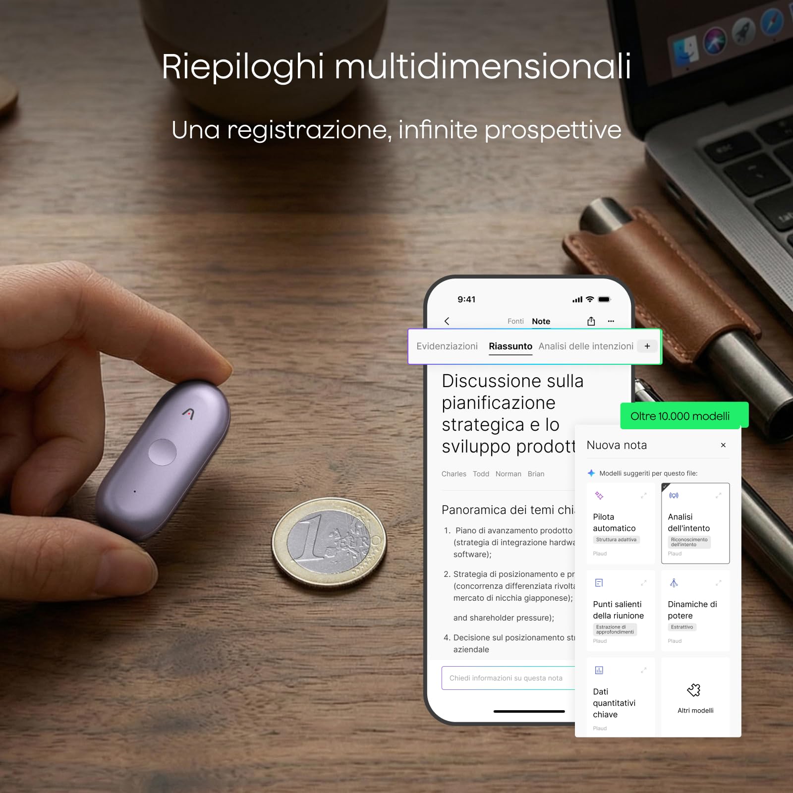 Plaud NotePin S Registratore Vocale AI Pulsante di Registrazione Tattile Audio Digitale Trascrizione Riepilogo Appunti Per Professionisti Riunioni Lezioni con 4 Accessori, Teams, Viola