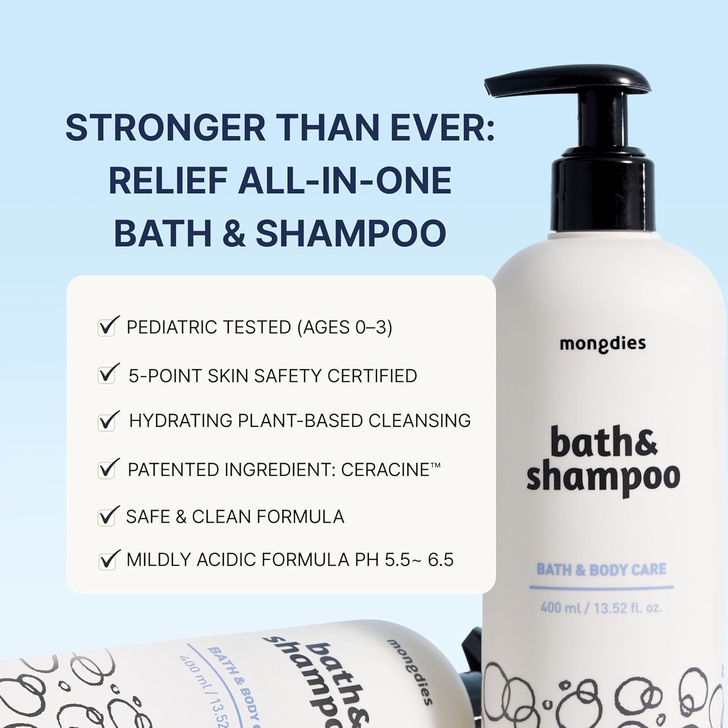 mongdies Baby Bath & Shampoo | Head-to-Toe All-in-One Gentle Wash | Tear-Free & pH Balanced Formula | 6-Layer Ceramide for Moisture Retention | Vegan & Dermatologist Tested | 13.52 fl. oz