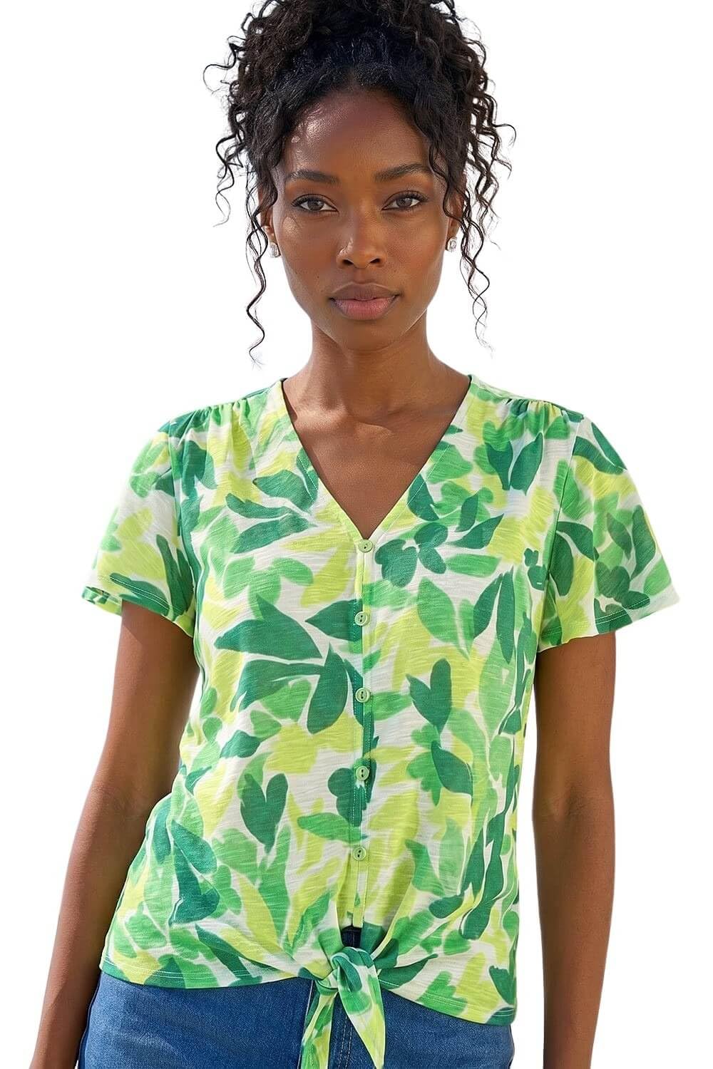 Roman Women's Leaf Print Tie Front Top in Green | Size: 18