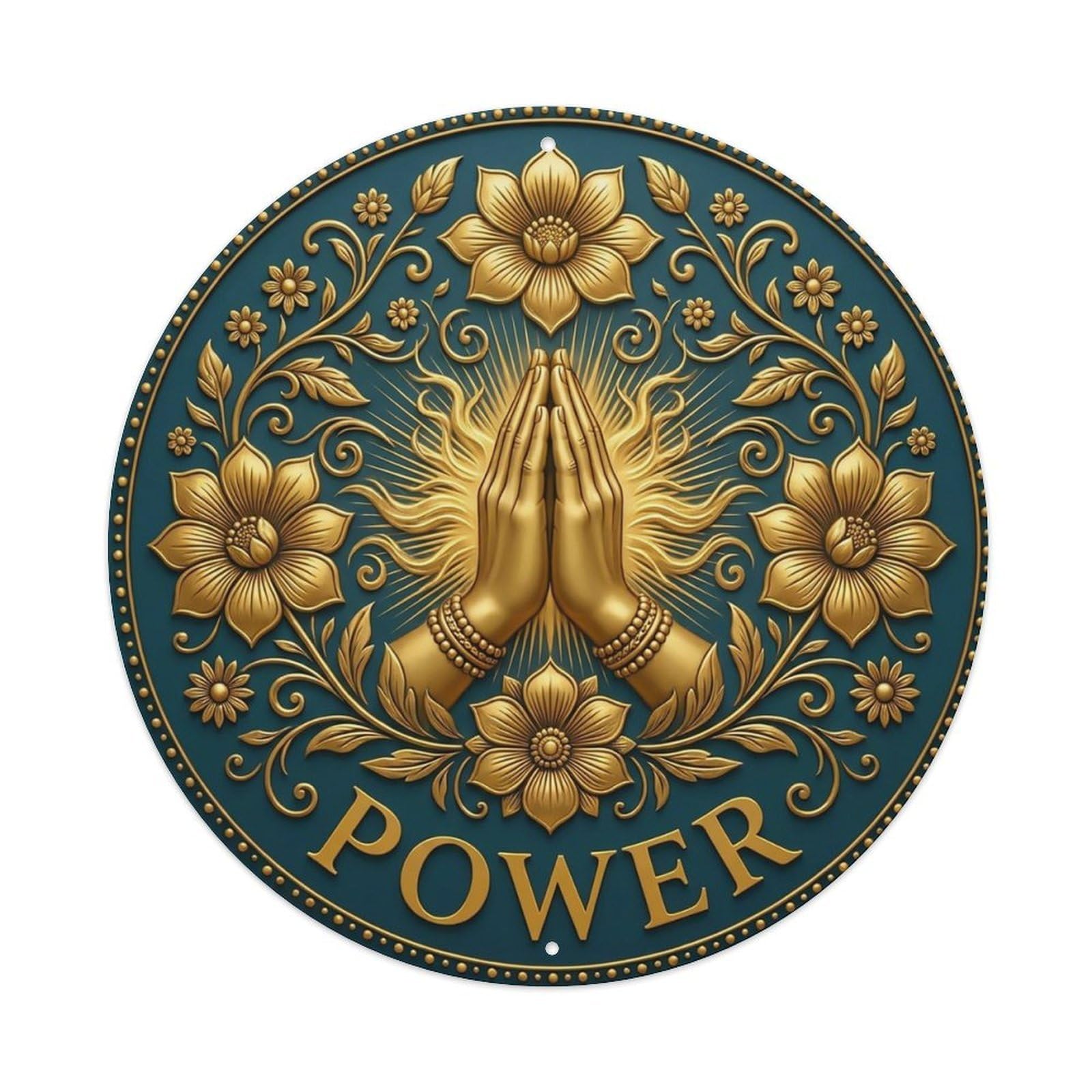 Vintage Namaste Praying Hands Power Flower Zen Yoga Metal Tin Sign