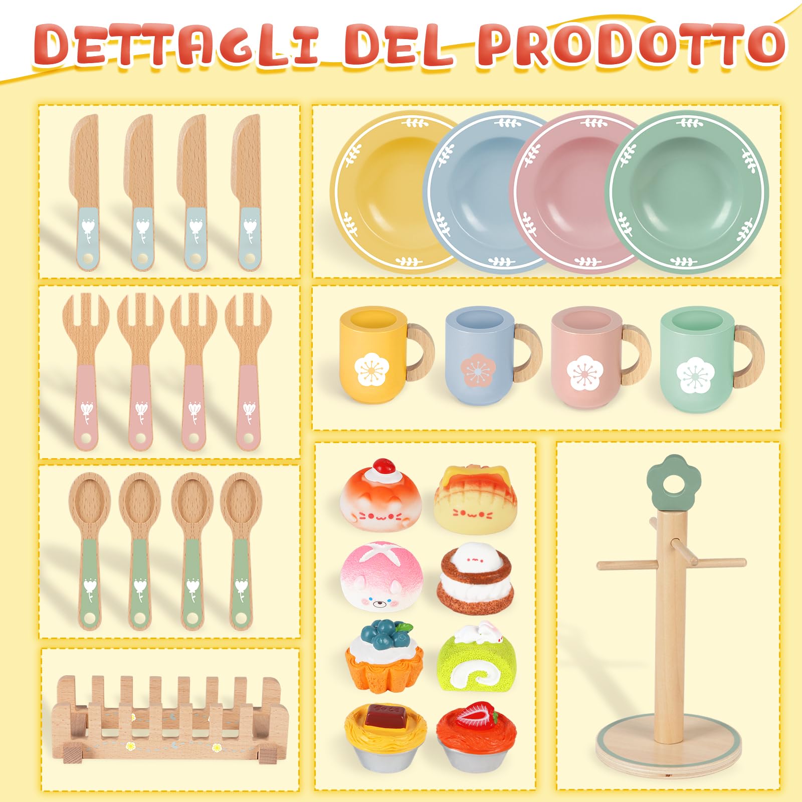 Charmofun Accesorios de Cocinita de Madera para Niños, Juguetes de Cocina de Madera, Accesorios Cocina Juguetes con Platos y Vajilla Regalo para Niñas y Niños de 3 a 8 Años