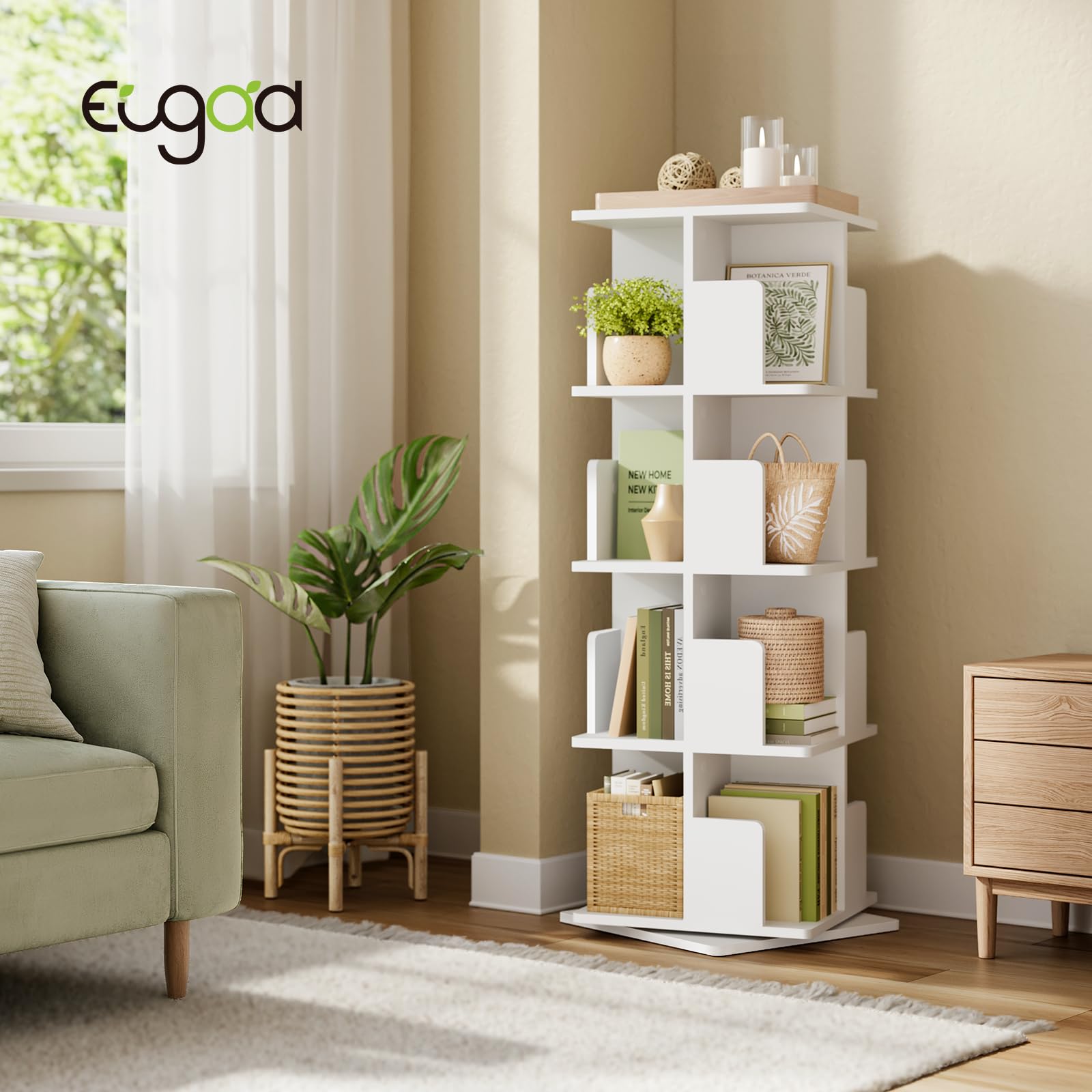 EUGAD drehbares Bücherregal Raumteiler 360° 4 Ebenen 16 Fächer MDF E1 Weiß 39,5x128x39,5cm