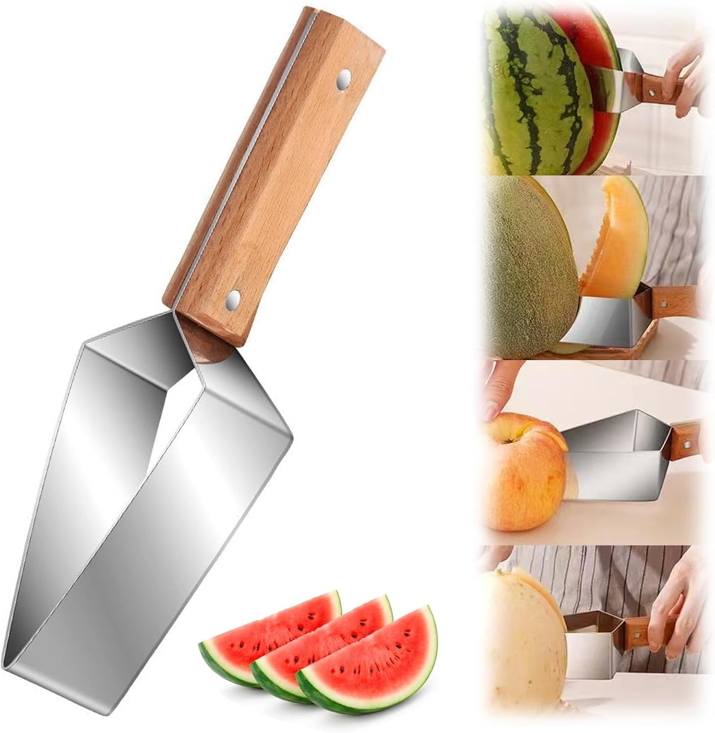 Stainless Steel Watermelon Slicer with Wooden Handle, 2026 New Triangle Watermelon Cutter for Even Cubes, Professional Fruit Slicer Tool for Cantaloupe Honeydew & Summer Party