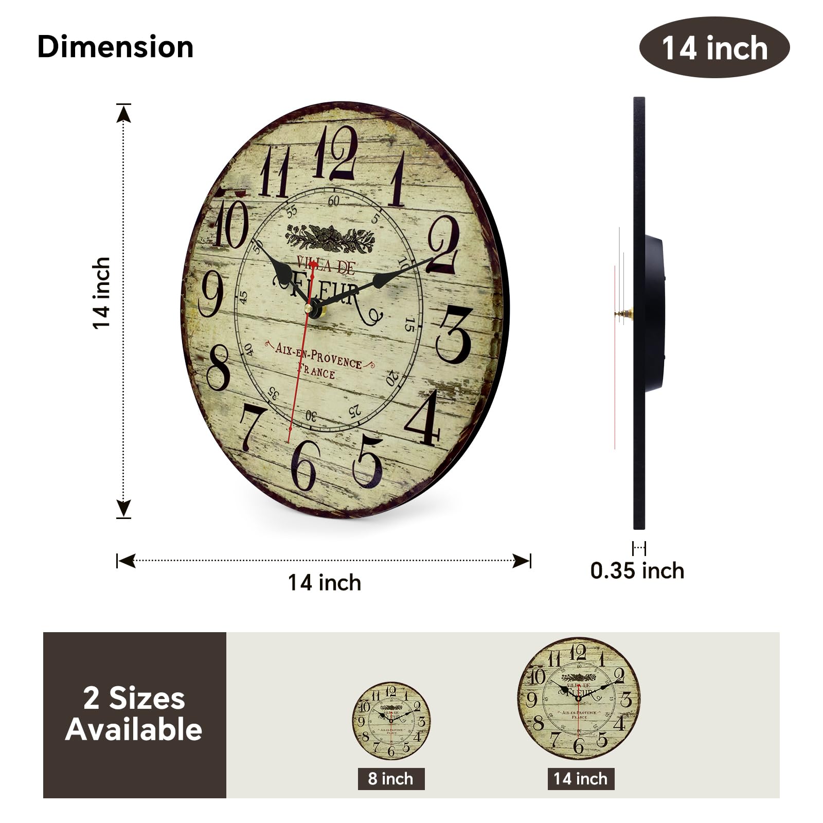 Reloj de pared redondo de madera de 14 pulgadas, estilo retro, vintage, francés, de madera, silencioso, funciona con pilas, sin tictac, reloj decorativo para cocina, granja, dormitorio, pared 2
